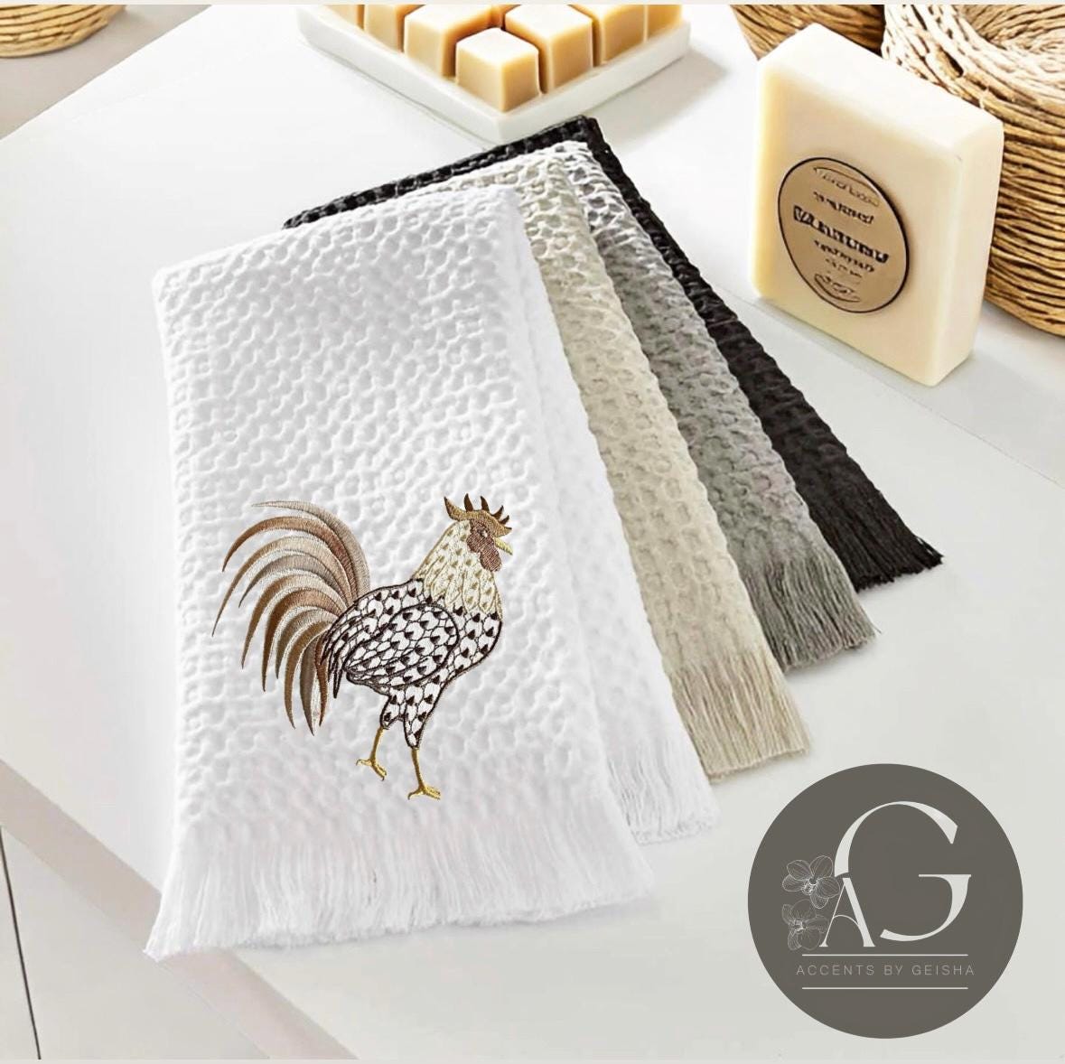 Embroidered Rooster Kitchen dish Towel farmhouse chicken Bar cart towel Serviettes de vaisselle Gallo embroidered Cock towel Gallus cockerel