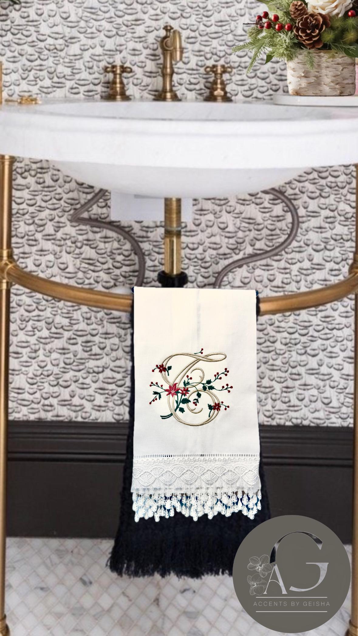 Christmas Personalized linen guest towels embroidered poinsettia monogram bathroom towels festive embroidery designs guest bathroom towels
