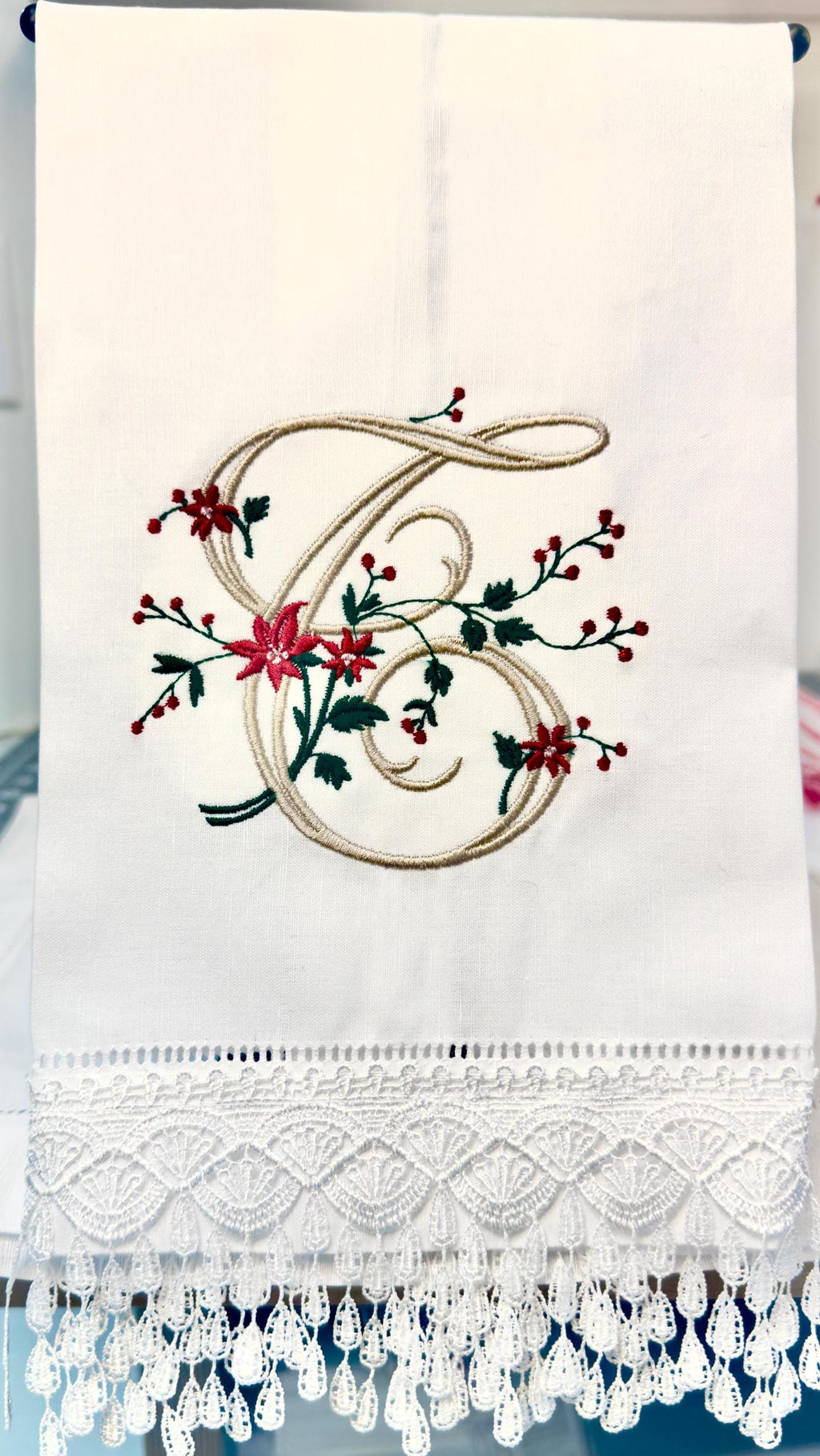 Christmas Personalized linen guest towels embroidered poinsettia monogram bathroom towels festive embroidery designs guest bathroom towels