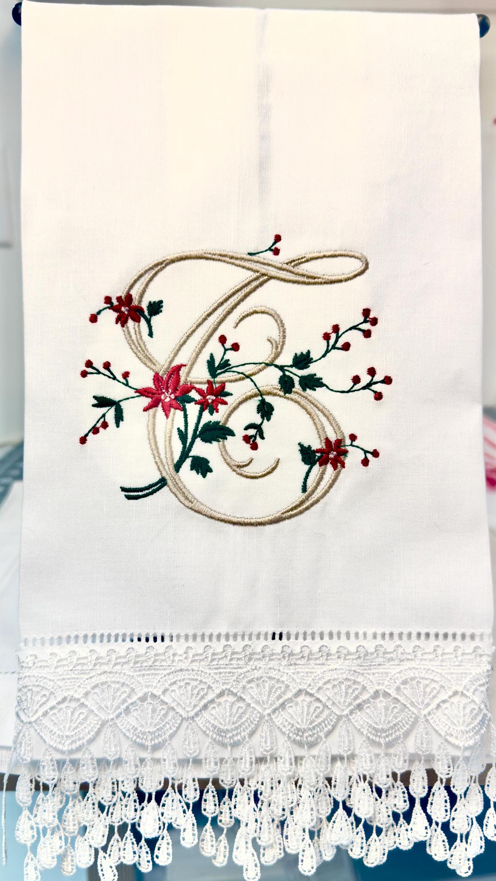 Christmas Personalized linen guest towels embroidered poinsettia monogram bathroom towels festive embroidery designs guest bathroom towels