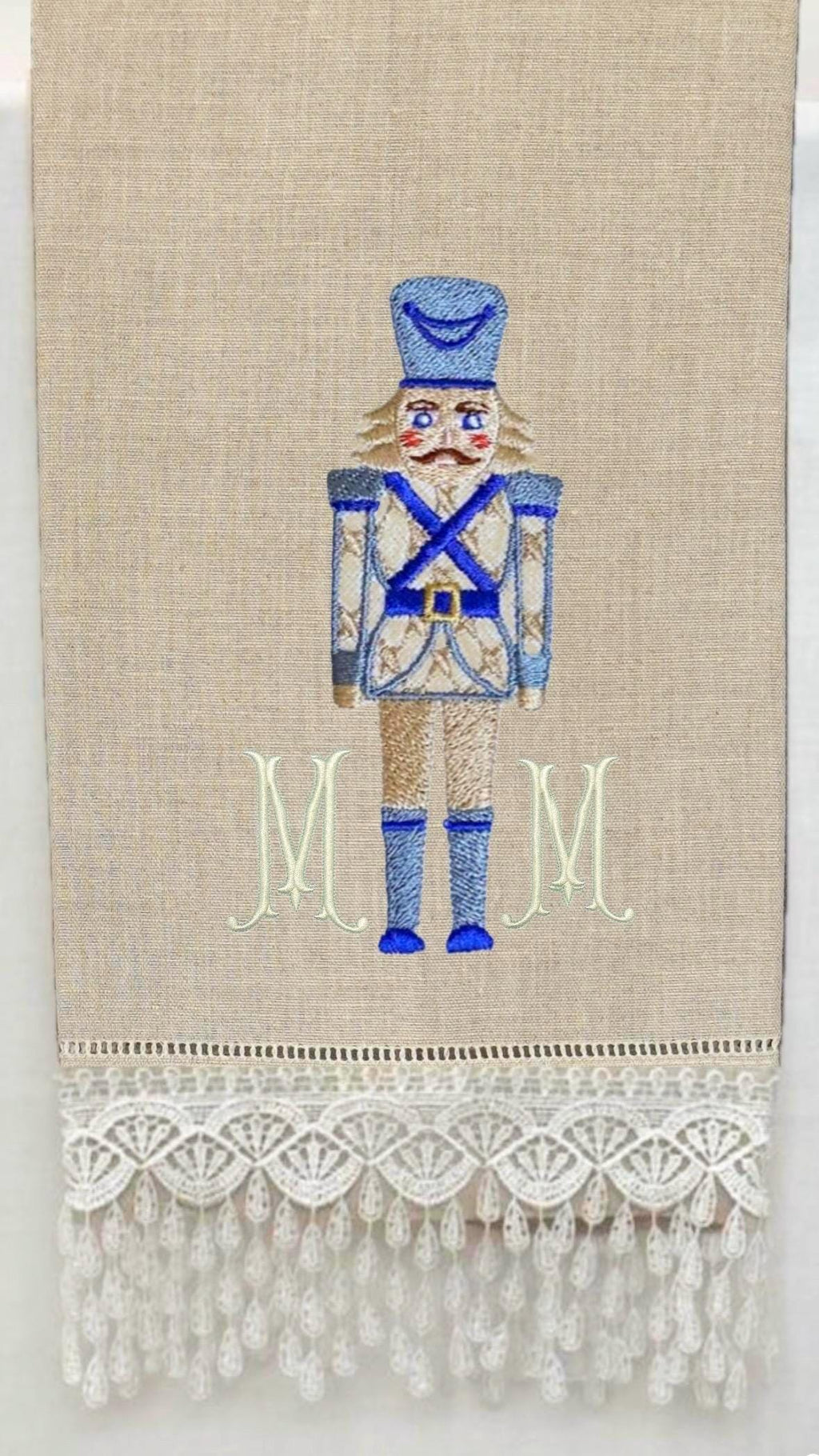 Christmas Personalized linen guest towels embroidered nutcracker monogram bathroom towels festive embroidery designs guest bathroom towels