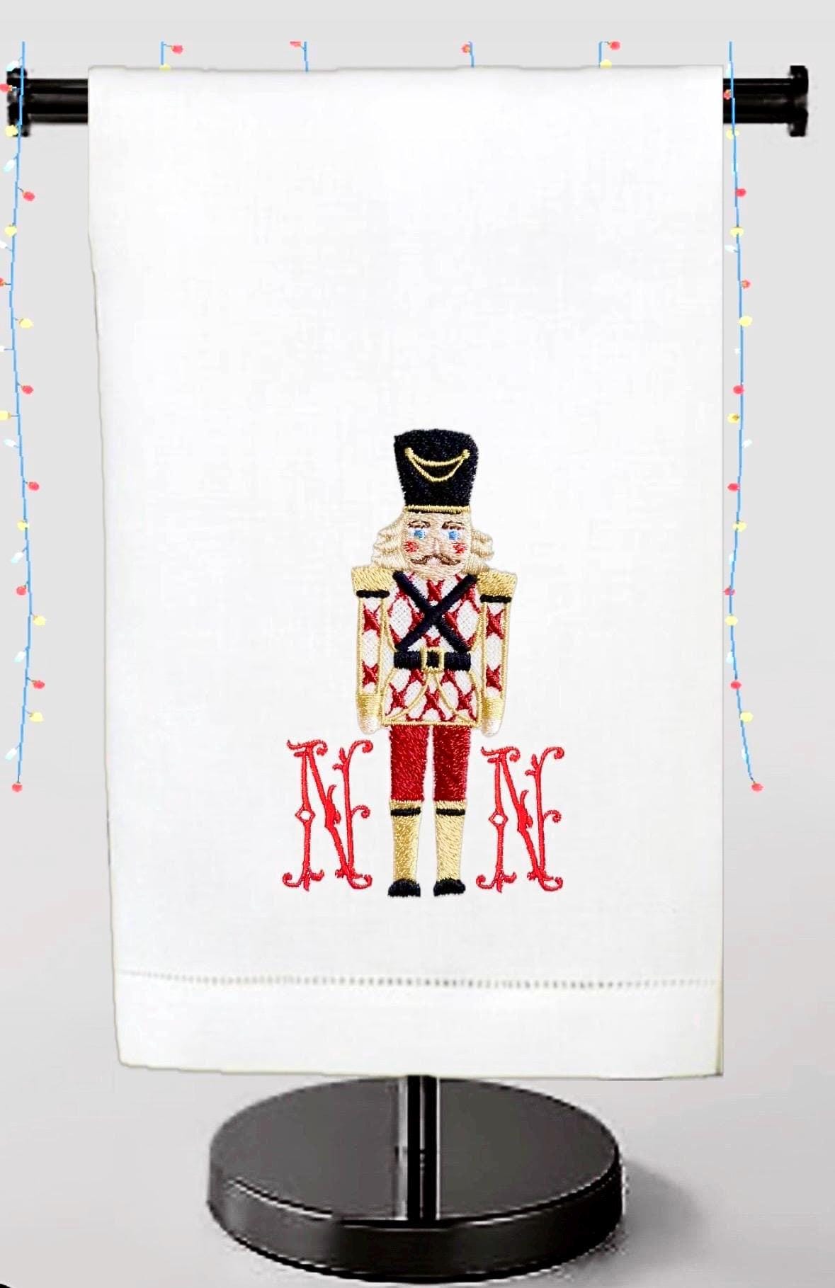 Christmas Personalized linen guest towels embroidered nutcracker monogram bathroom towels festive embroidery designs guest bathroom towels