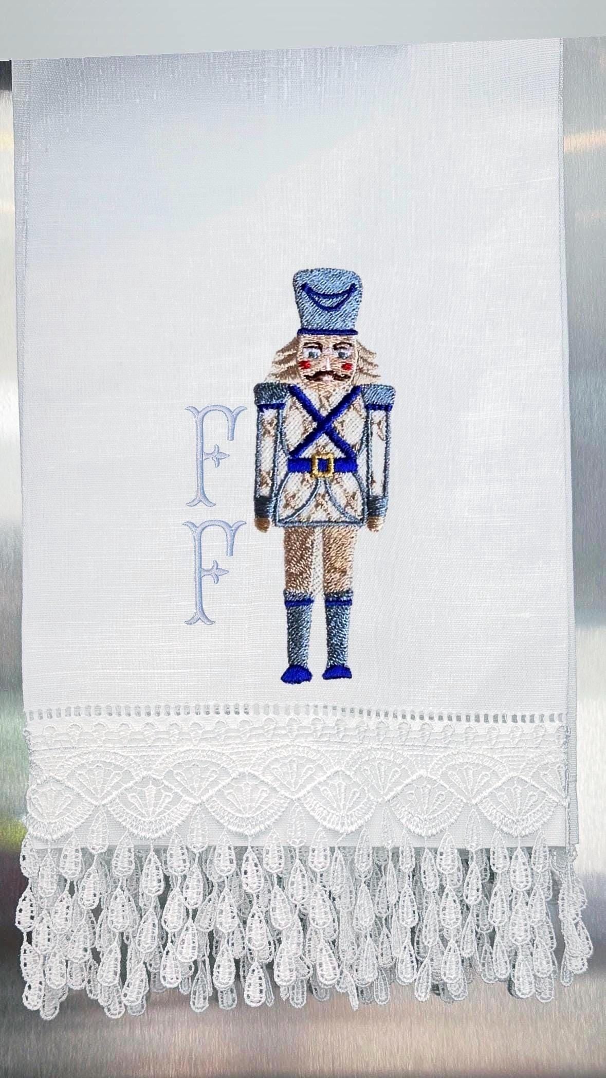 Christmas Personalized linen guest towels embroidered nutcracker monogram bathroom towels festive embroidery designs guest bathroom towels