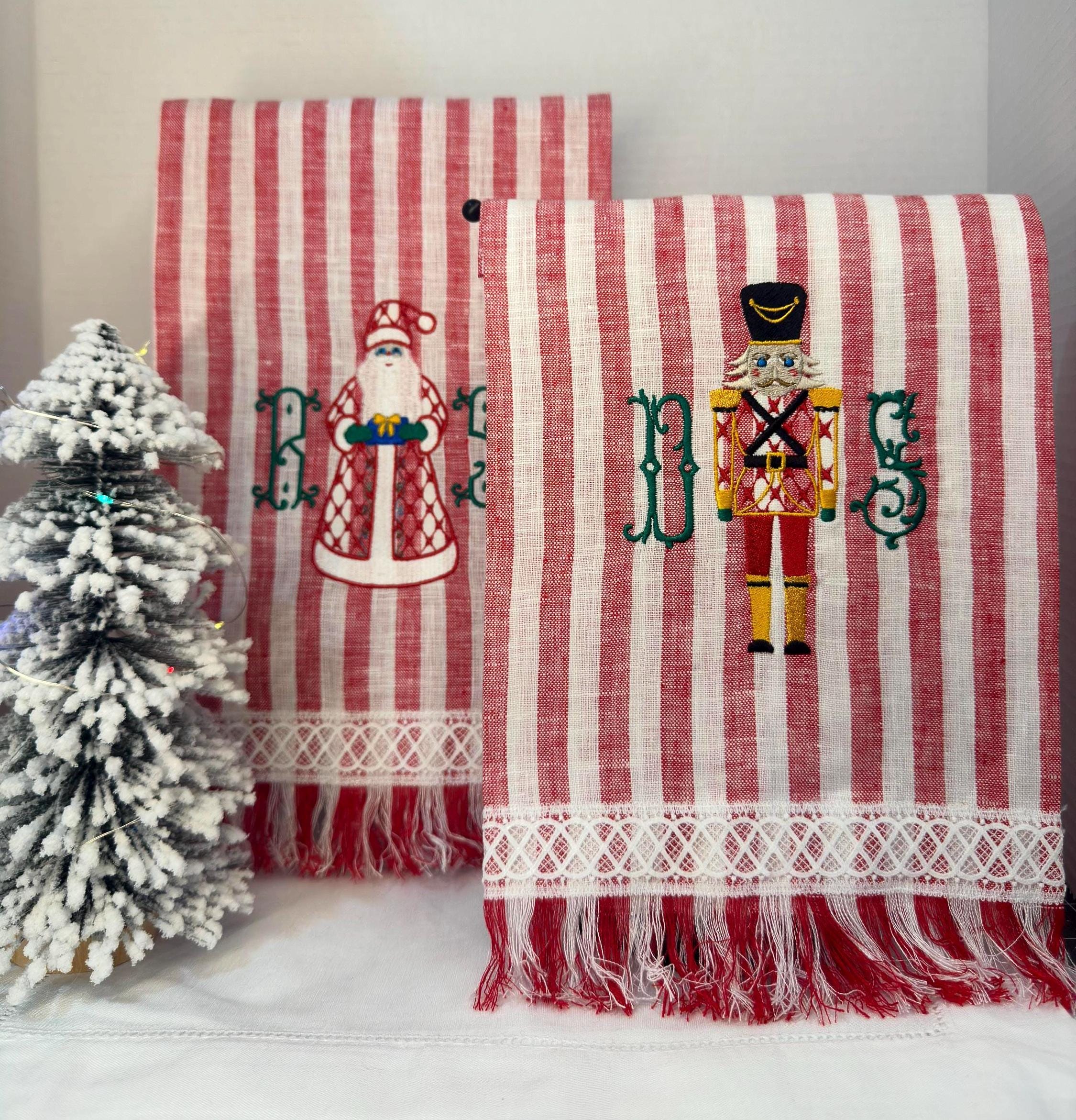 Christmas Personalized linen guest towels embroidered nutcracker monogram bathroom towels festive embroidery designs guest bathroom towels