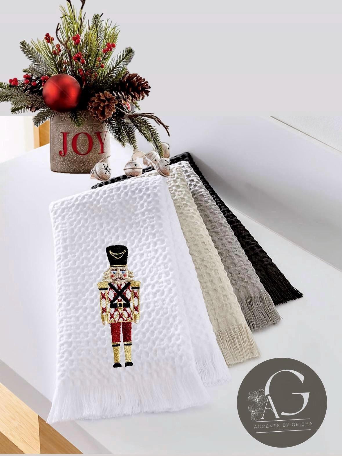 Christmas Personalized linen guest towels embroidered nutcracker monogram bathroom towels festive embroidery designs guest bathroom towels