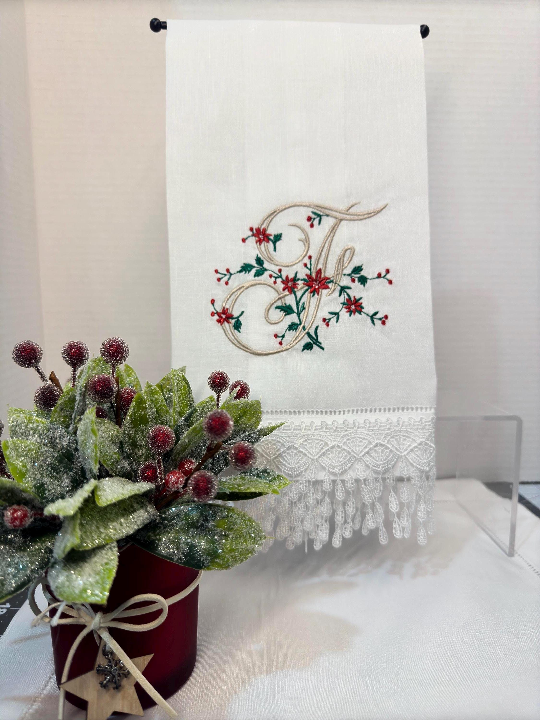 Christmas Personalized linen guest towels embroidered poinsettia monogram bathroom towels festive embroidery designs guest bathroom towels
