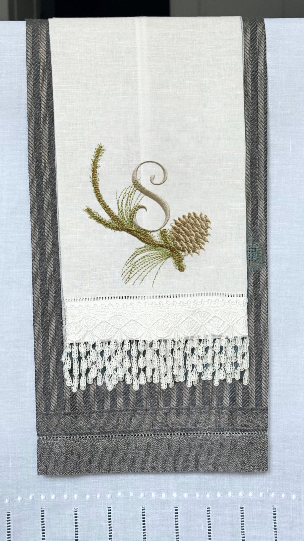 Christmas pinecone branch embroidered linen hand towel Personalized holiday bathroom decor guest towels festive embroidery hand towels
