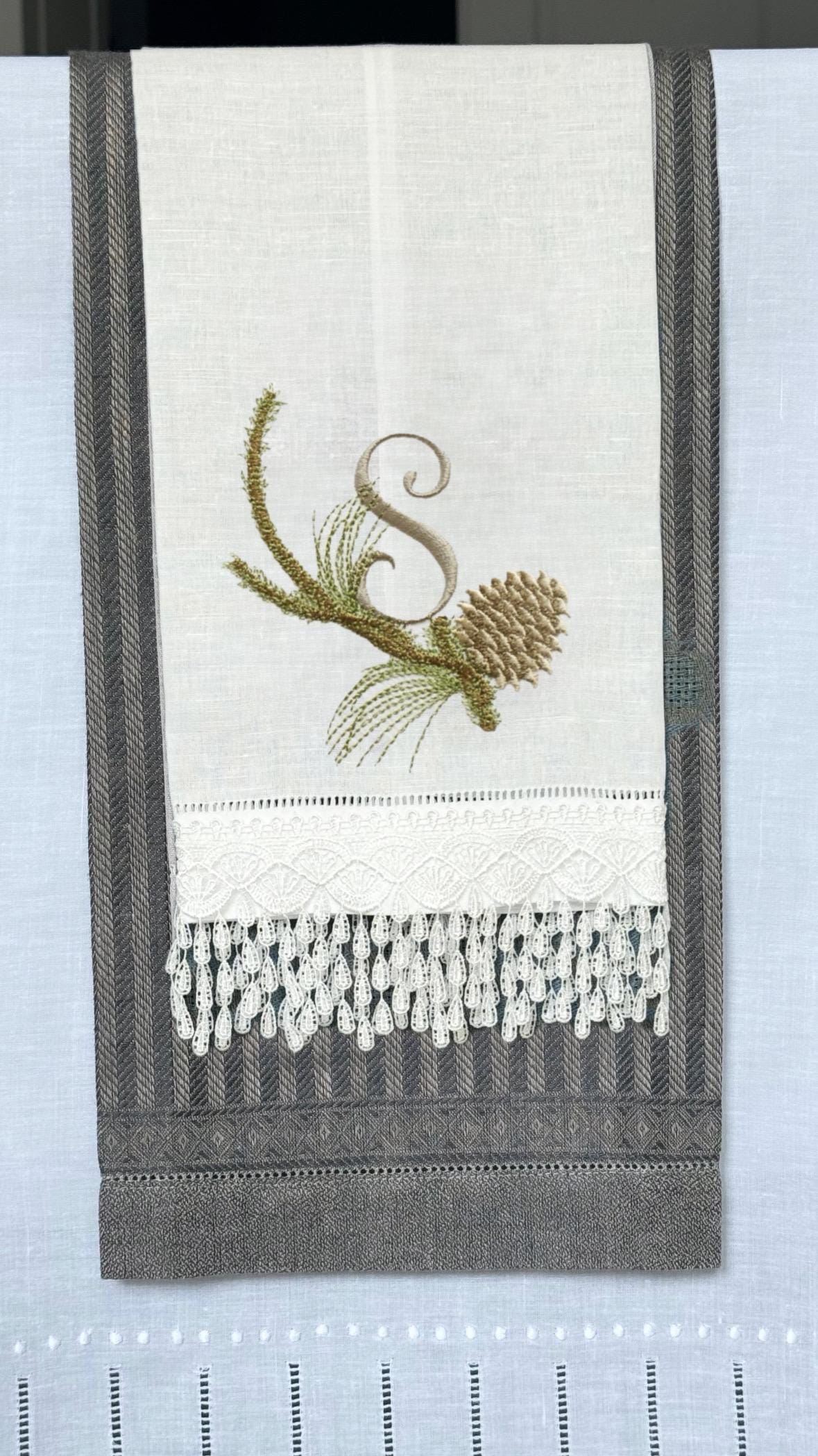 Christmas pinecone branch embroidered linen hand towel Personalized holiday bathroom decor guest towels festive embroidery hand towels