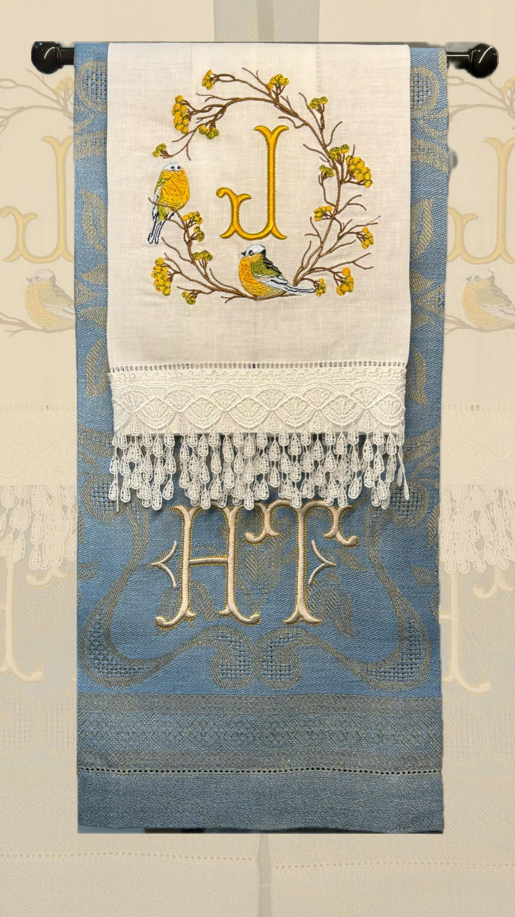 Bird on branch wreath embroidered towel Personalized monogrammed finger towel embroidered bird on branch bathroom decor unique gifts