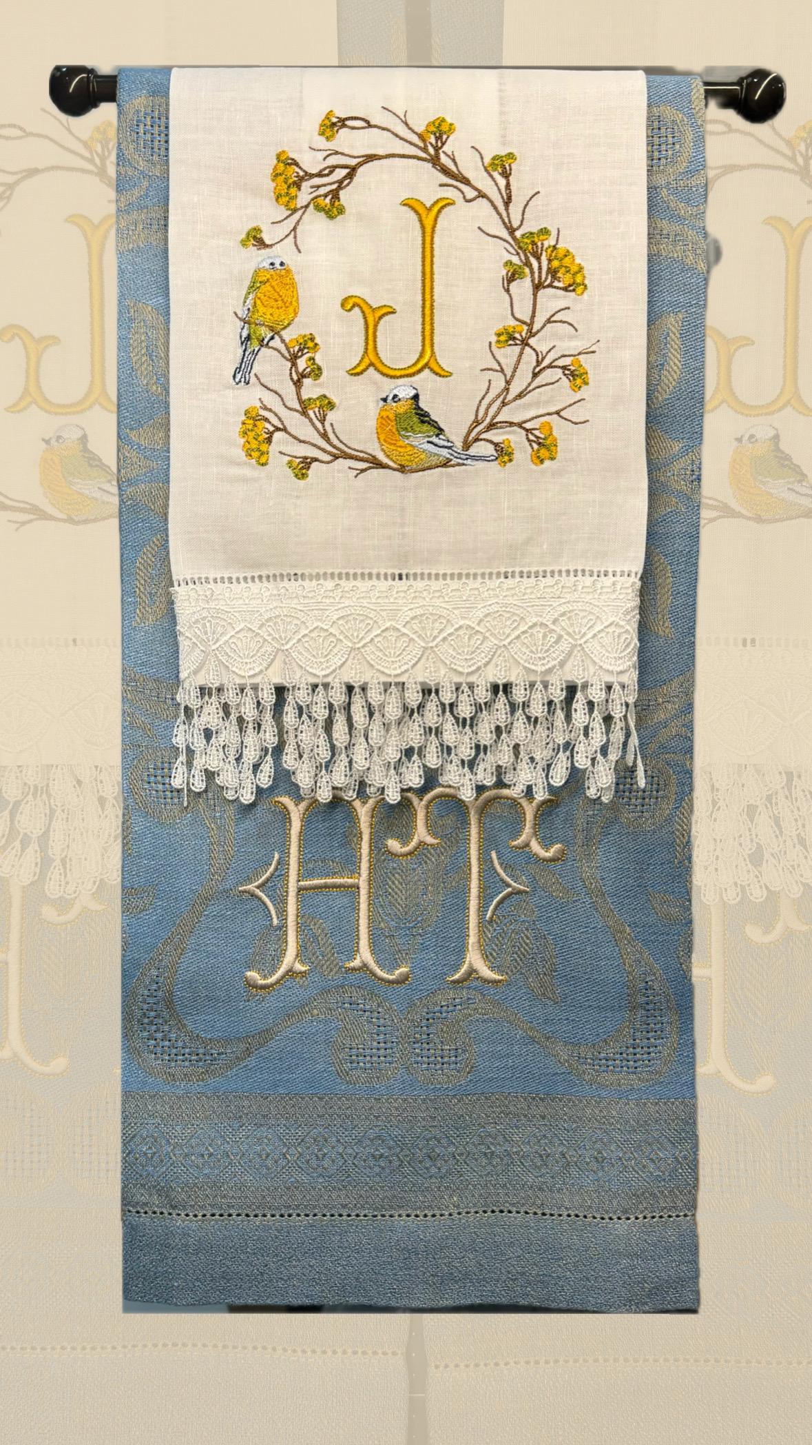 Bird on branch wreath embroidered towel Personalized monogrammed finger towel embroidered bird on branch bathroom decor unique gifts