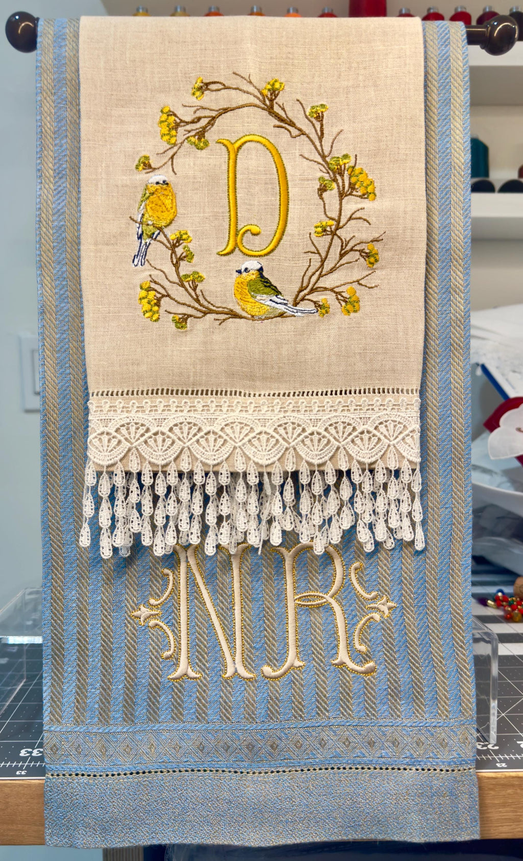 Bird on branch wreath embroidered towel Personalized monogrammed finger towel embroidered bird on branch bathroom decor unique gifts