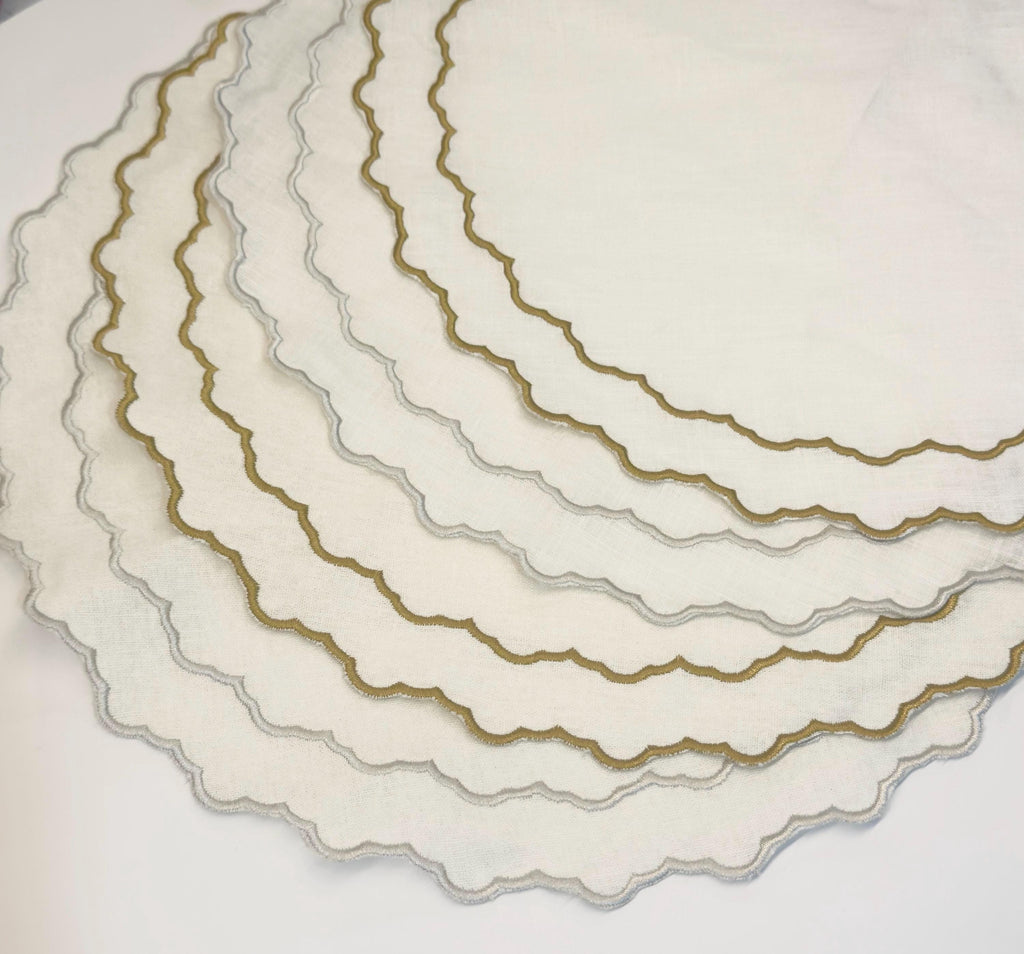 Round Placemats Linen Embroidered table top decor place setting Gold and silver embroidered placemats