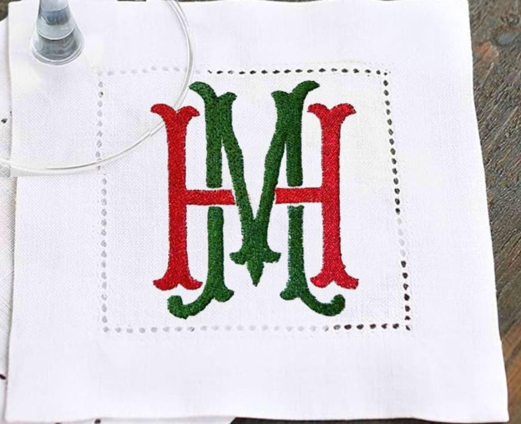 Christmas embroidered cocktail Napkins Linen hemstitched Monogram mistletoe holiday cocktail Napkins brodées Aperitivo hostess gift coasters