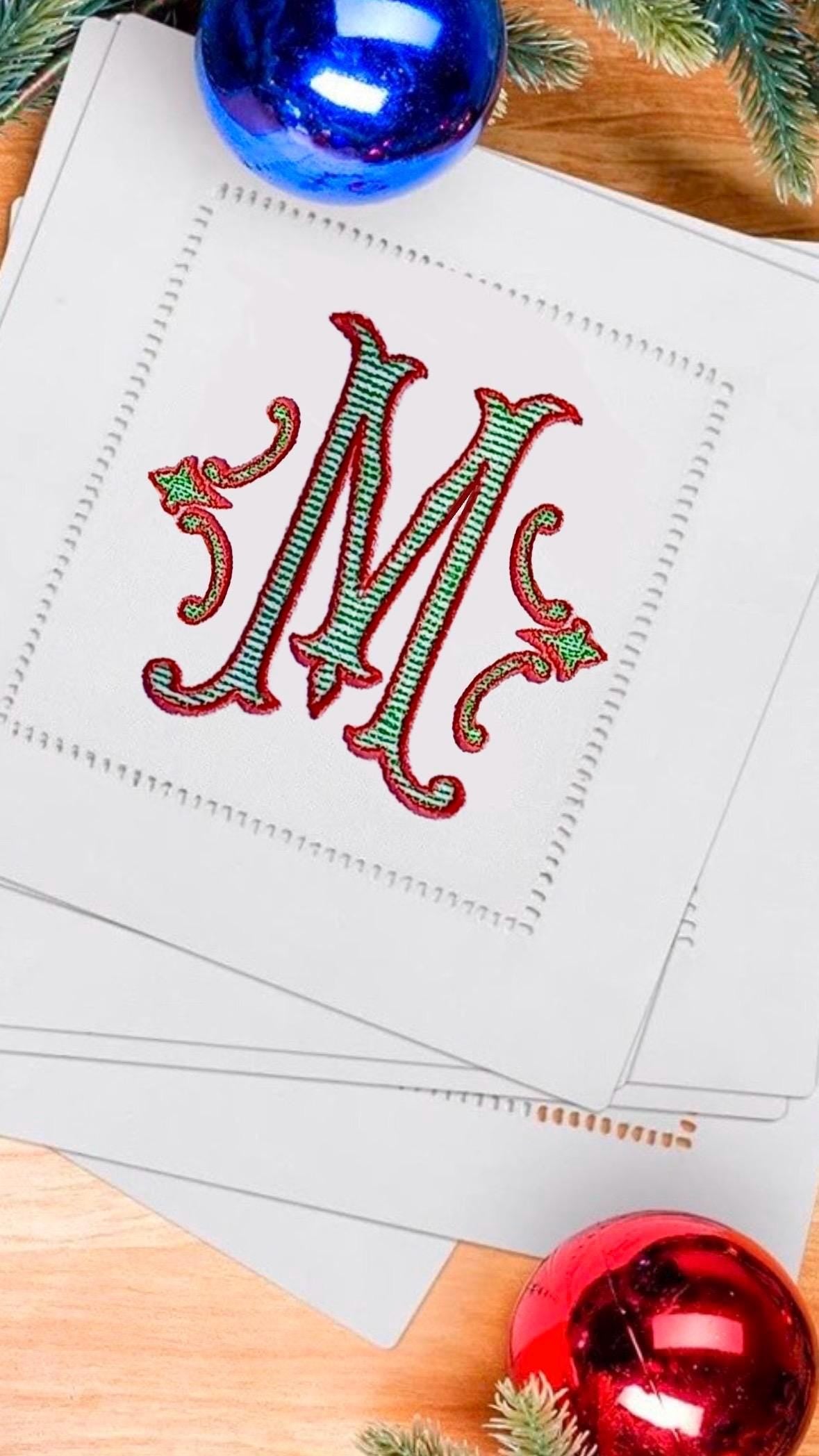 Christmas embroidered cocktail Napkins Linen hemstitched Monogram mistletoe holiday cocktail Napkins brodées Aperitivo hostess gift coasters