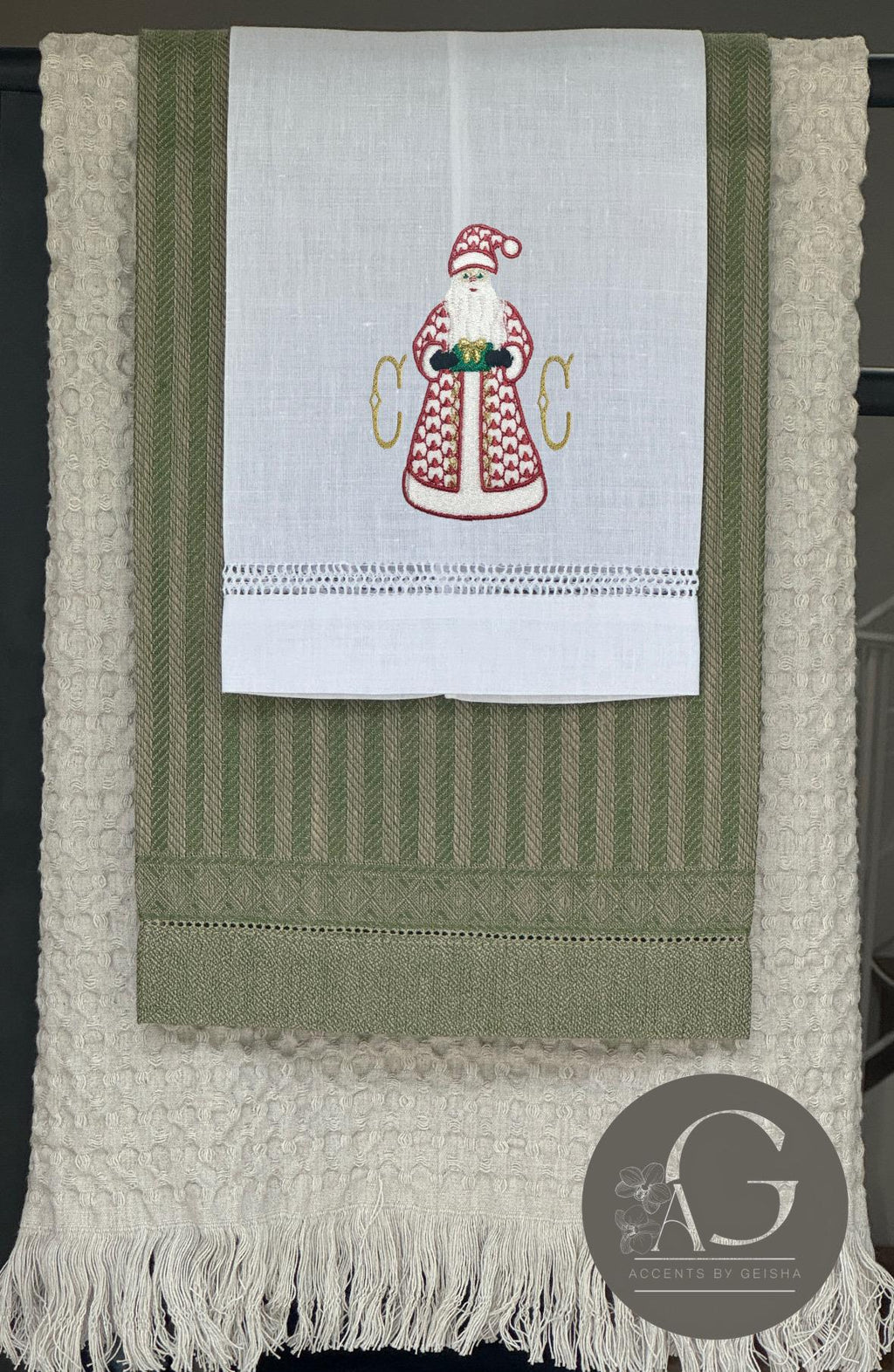 Christmas herend Santa Claus linen hand towel Personalized embroidered holiday bathroom towels festive embroidery design handtowels bathroom