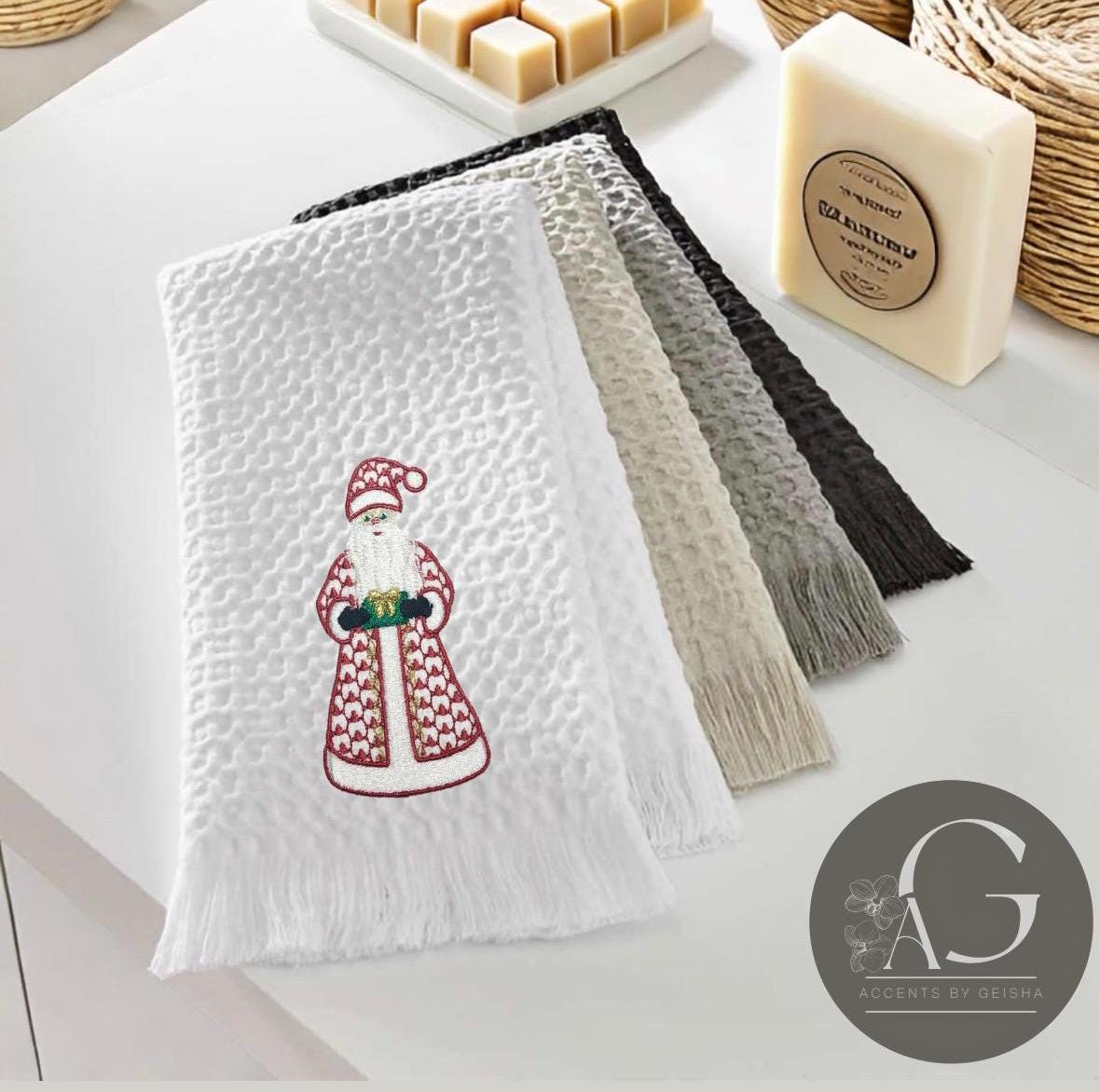 Christmas herend Santa Claus linen hand towel Personalized embroidered holiday bathroom towels festive embroidery design handtowels bathroom