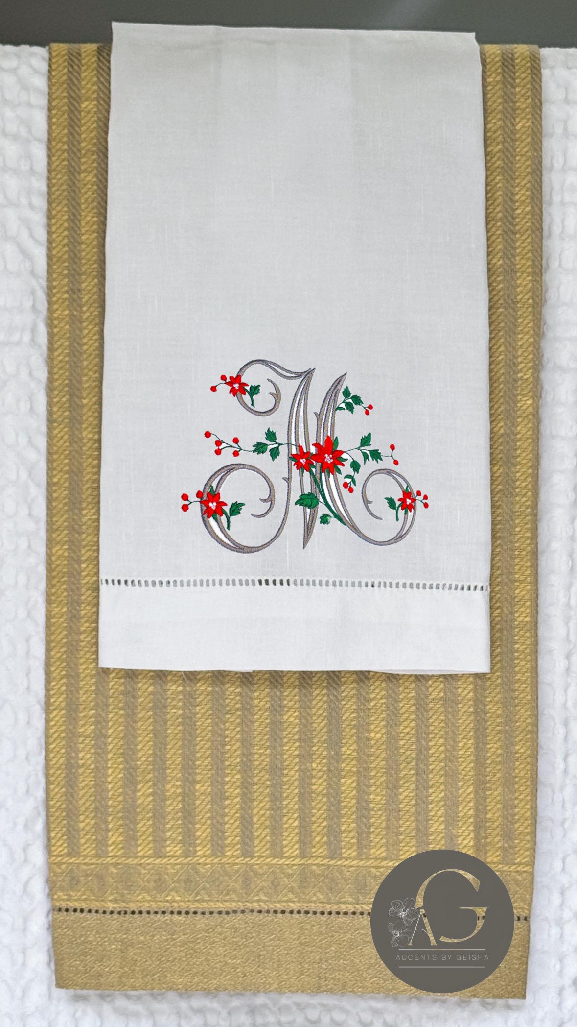 Christmas Personalized linen guest towels embroidered poinsettia monogram bathroom towels festive embroidery designs guest bathroom towels