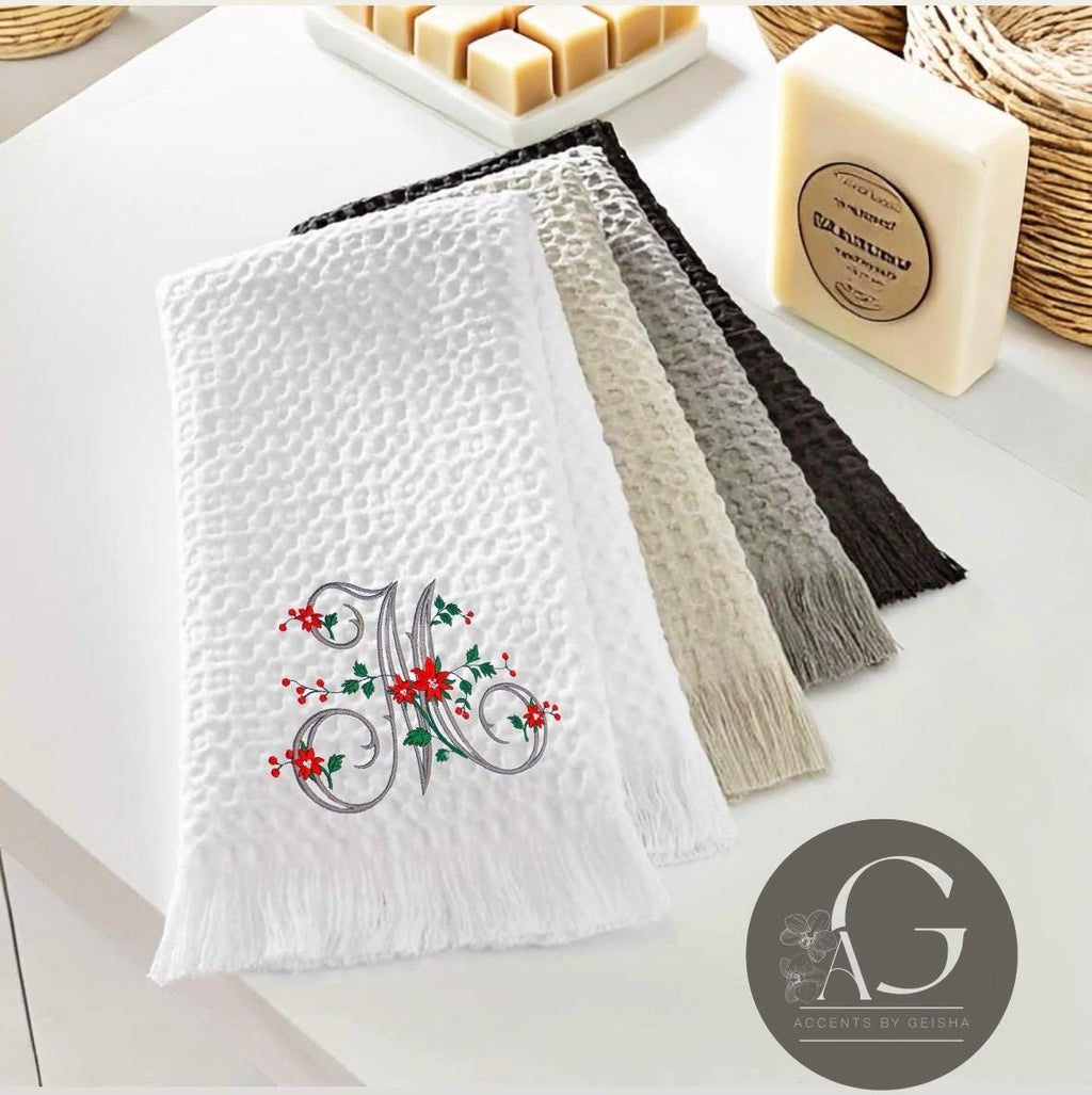 Christmas Personalized linen guest towels embroidered poinsettia monogram bathroom towels festive embroidery designs guest bathroom towels