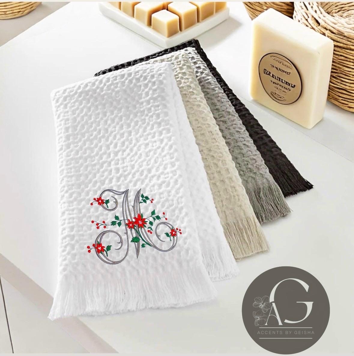 Christmas Personalized linen guest towels embroidered poinsettia monogram bathroom towels festive embroidery designs guest bathroom towels