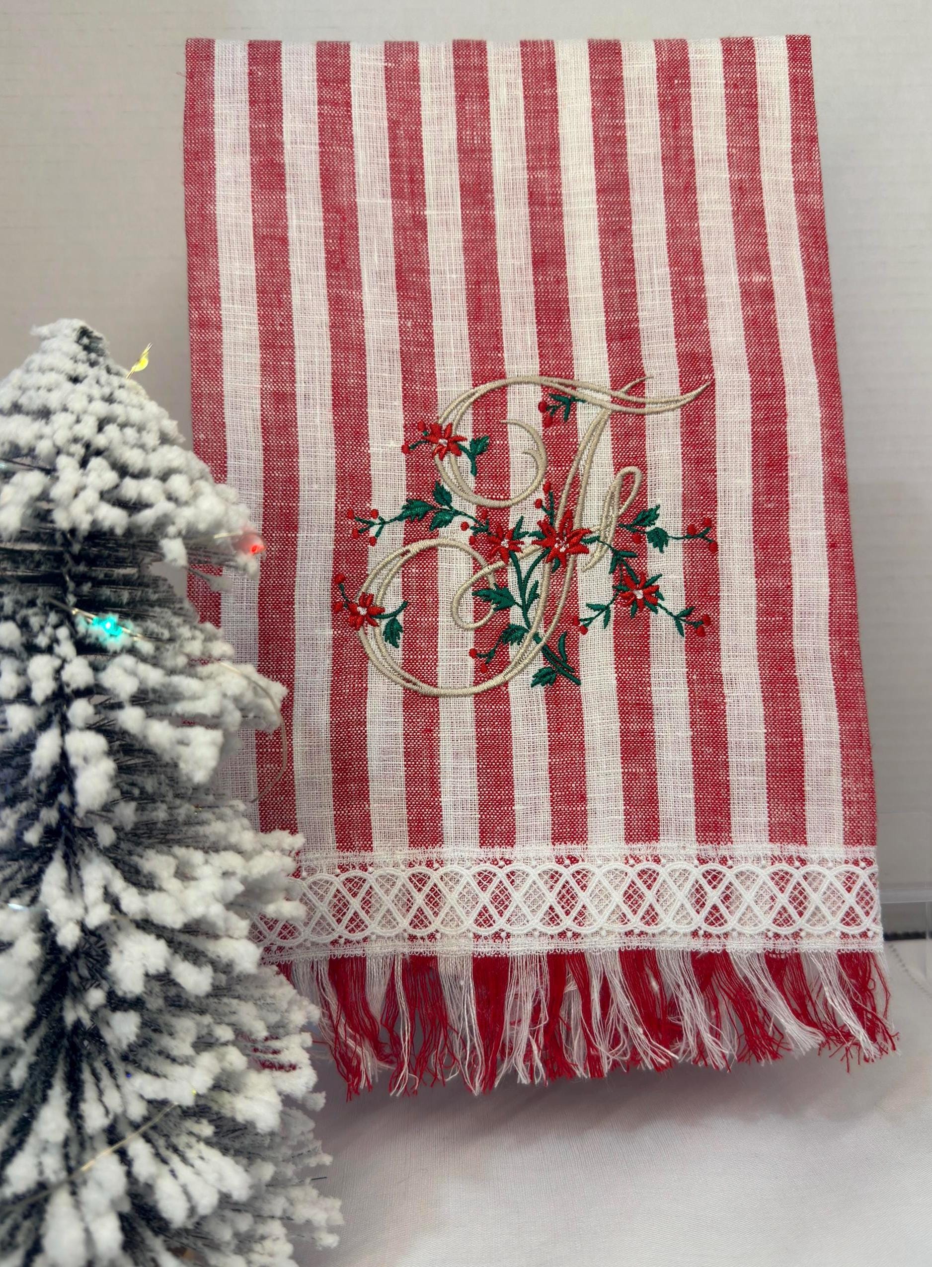 Christmas Personalized linen guest towels embroidered poinsettia monogram bathroom towels festive embroidery designs guest bathroom towels