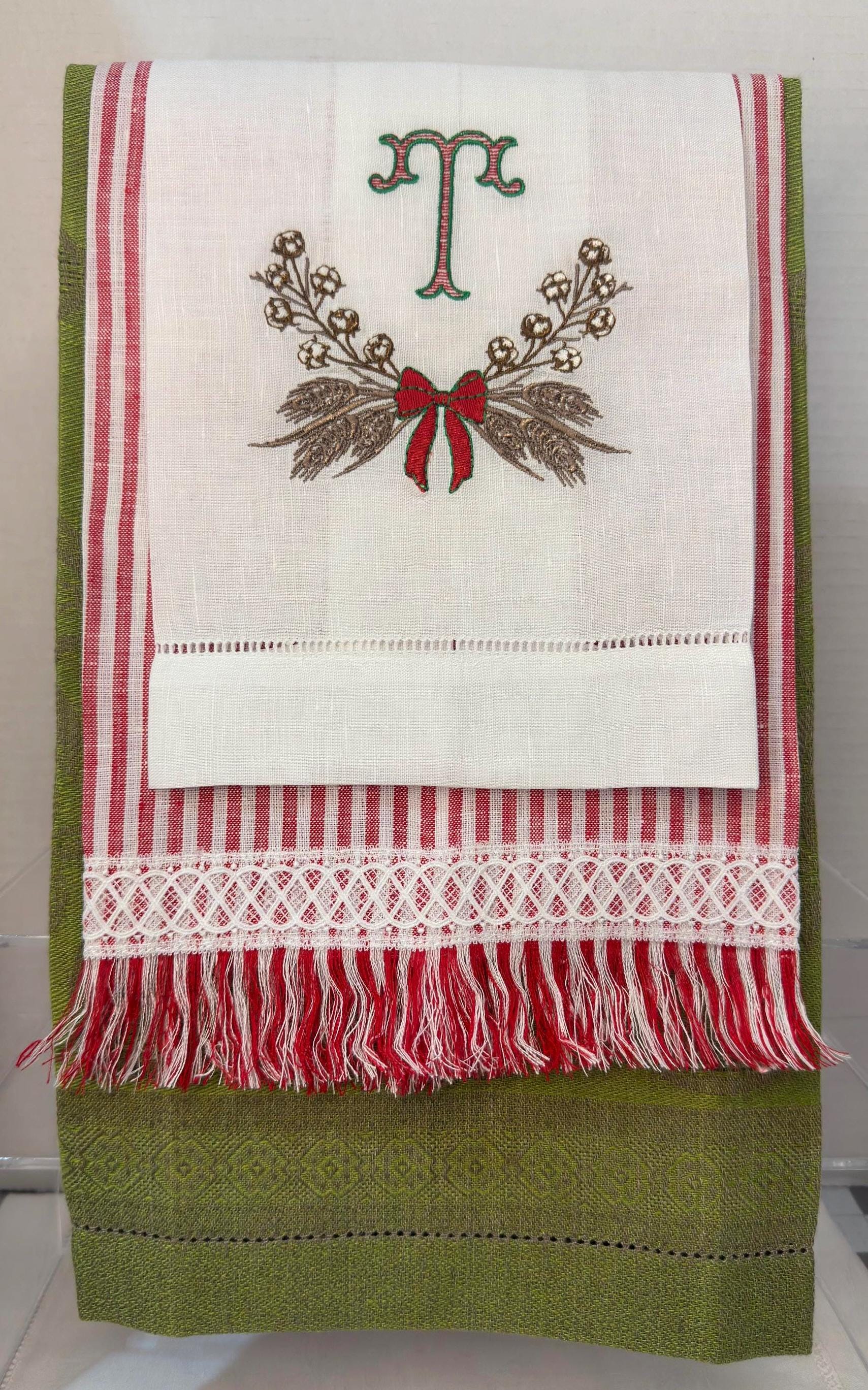 Christmas embroidered Cotton Ball branch and wheat Wreath towel Personalized wheat wreath embroidered guest bathroom towel Christmas decor