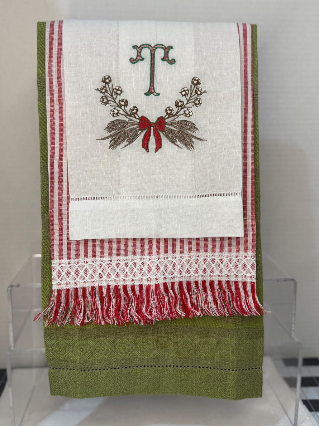Christmas embroidered Cotton Ball branch and wheat Wreath towel Personalized wheat wreath embroidered guest bathroom towel Christmas decor