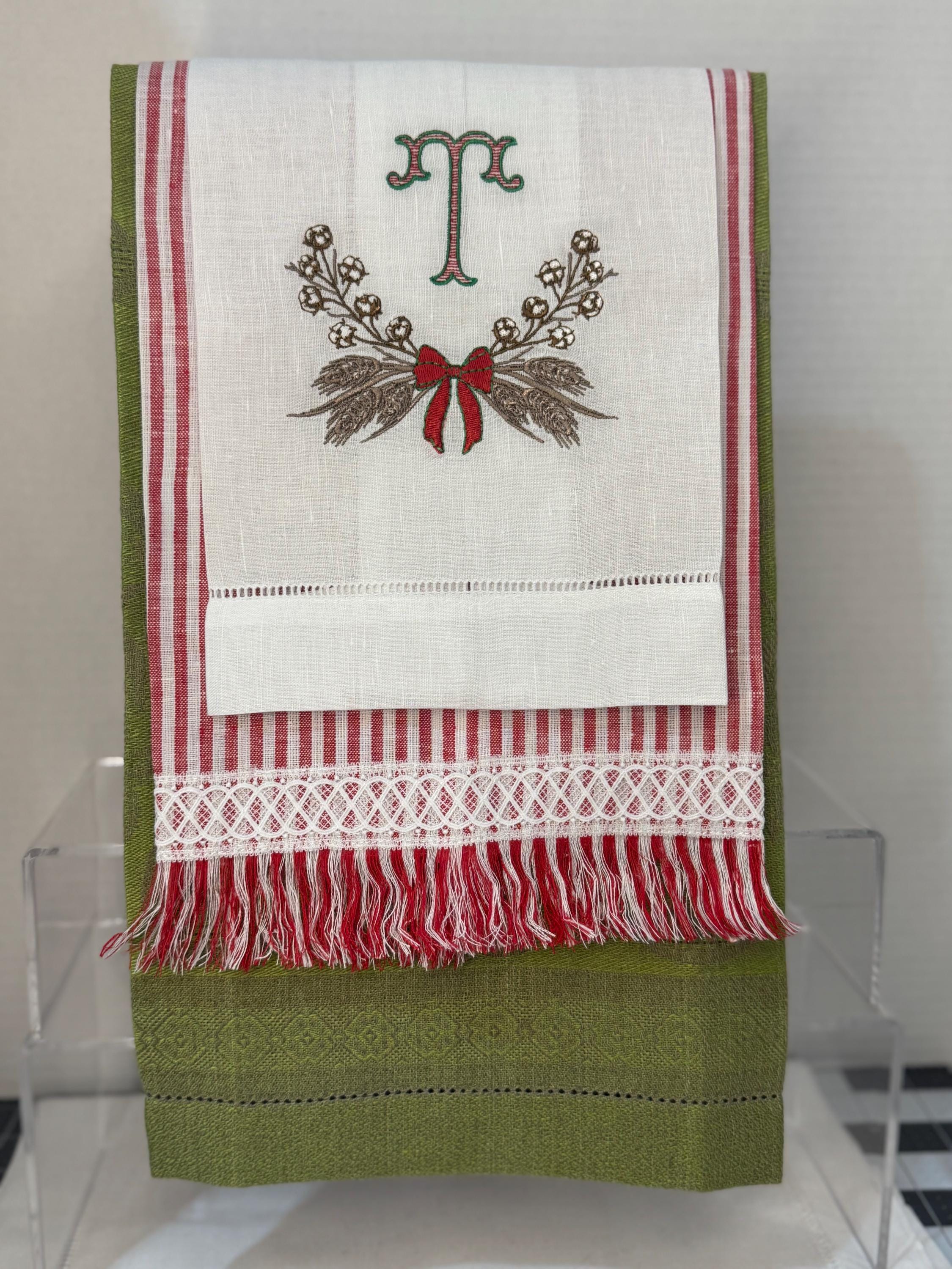Christmas embroidered Cotton Ball branch and wheat Wreath towel Personalized wheat wreath embroidered guest bathroom towel Christmas decor