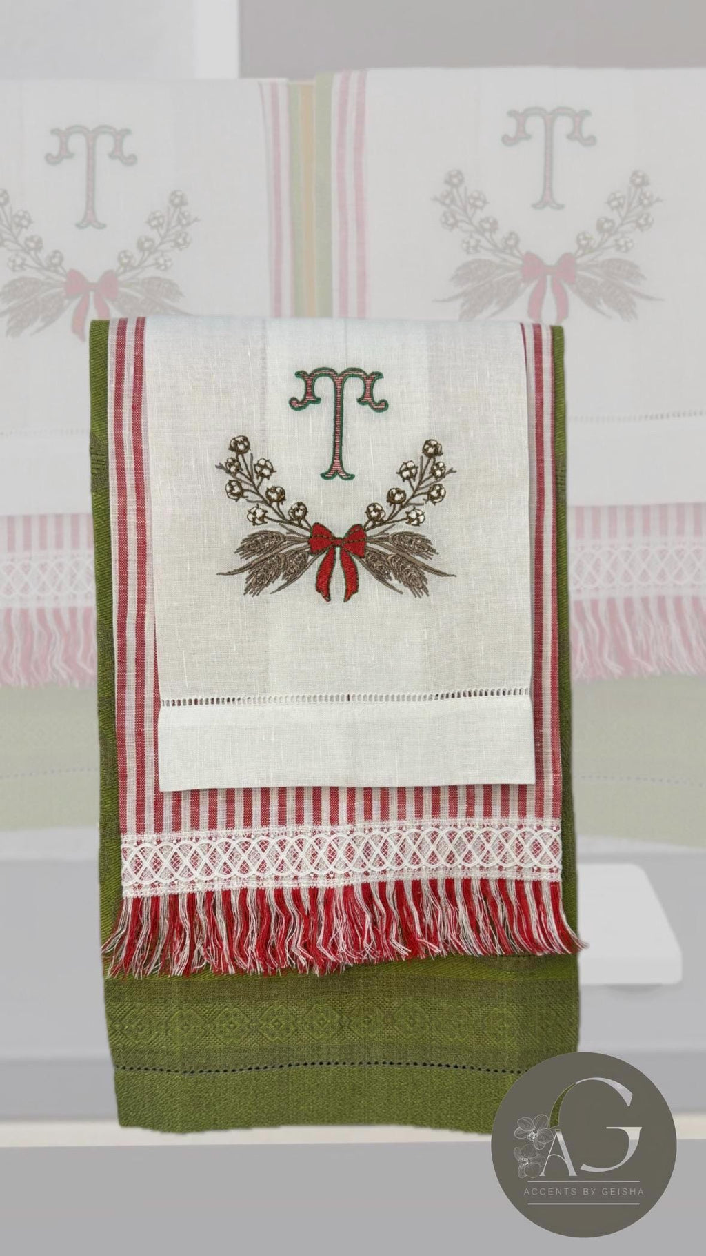 Christmas embroidered Cotton Ball branch and wheat Wreath towel Personalized wheat wreath embroidered guest bathroom towel Christmas decor