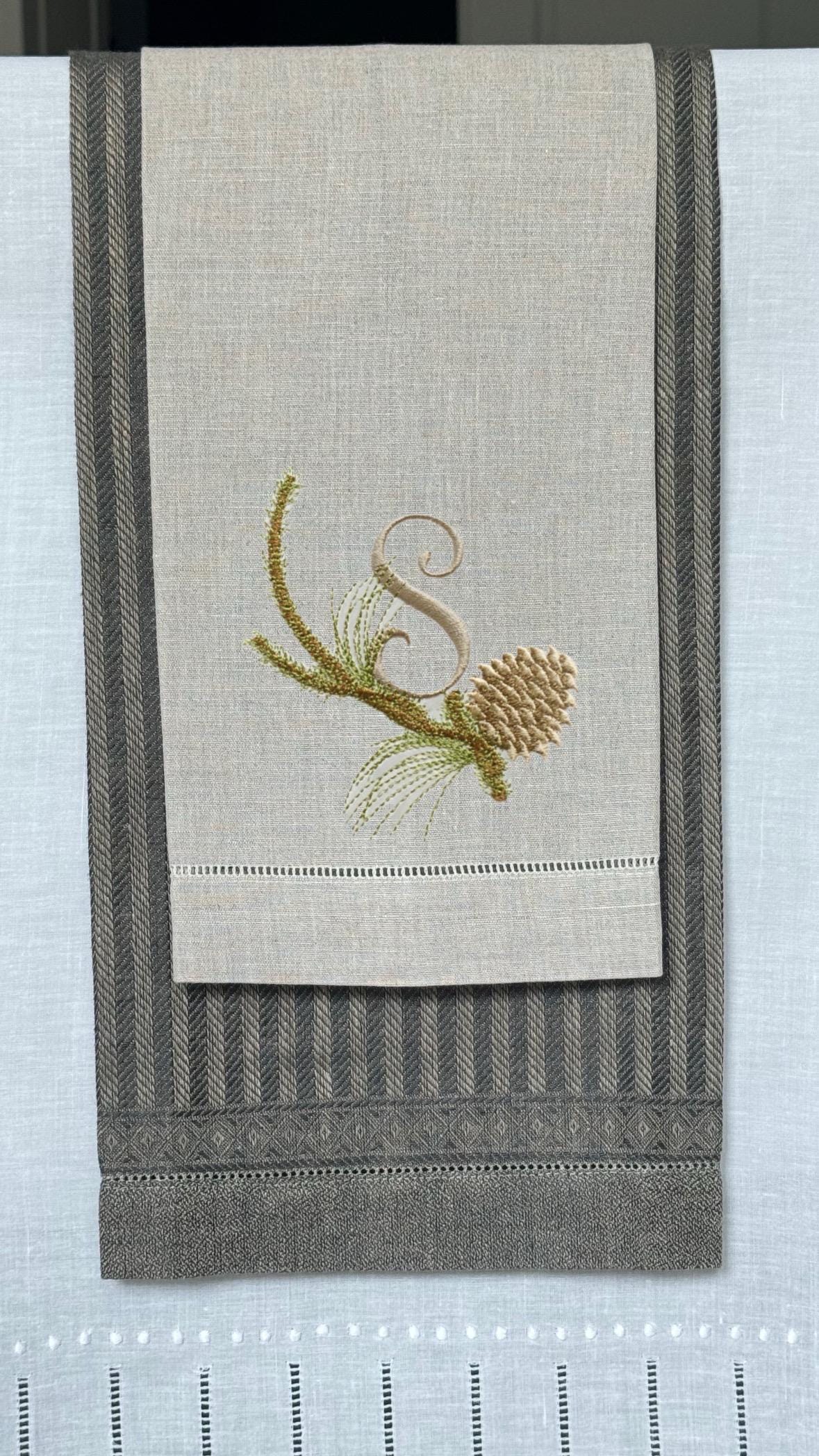 Christmas pinecone branch embroidered linen hand towel Personalized holiday bathroom decor guest towels festive embroidery hand towels