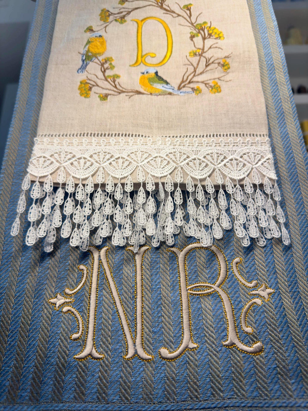 Bird on branch wreath embroidered towel Personalized monogrammed finger towel embroidered bird on branch bathroom decor unique gifts