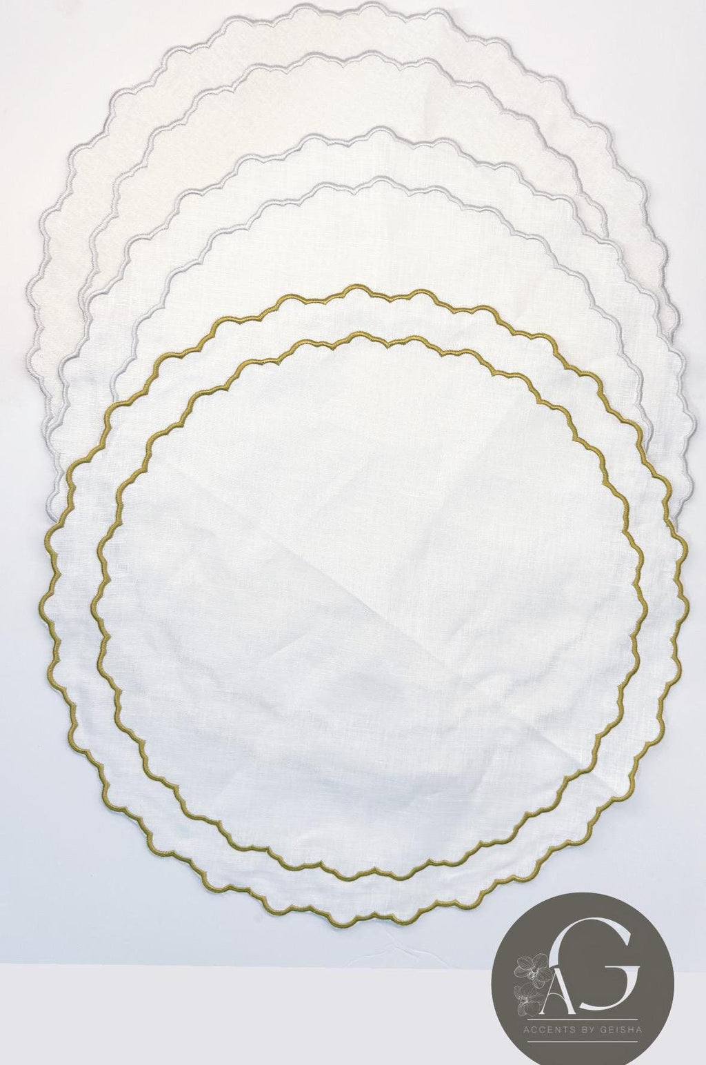 Round Placemats Linen Embroidered table top decor place setting Gold and silver embroidered placemats