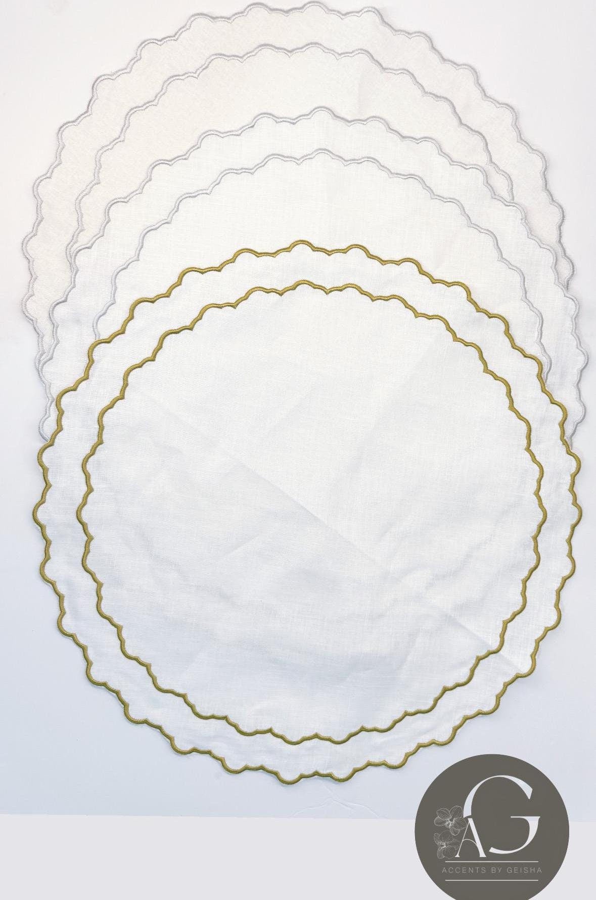 Round Placemats Linen Embroidered table top decor place setting Gold and silver embroidered placemats