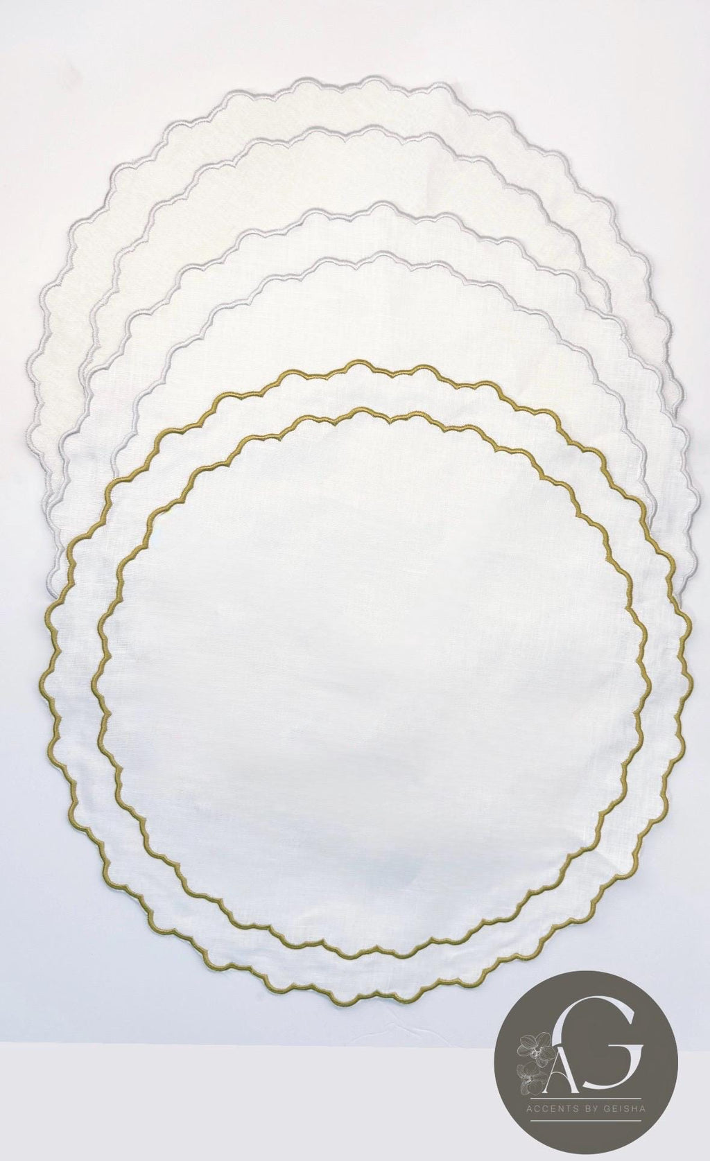 Round Placemats Linen Embroidered table top decor place setting Gold and silver embroidered placemats