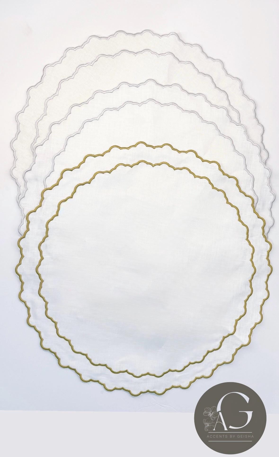 Round Placemats Linen Embroidered table top decor place setting Gold and silver embroidered placemats