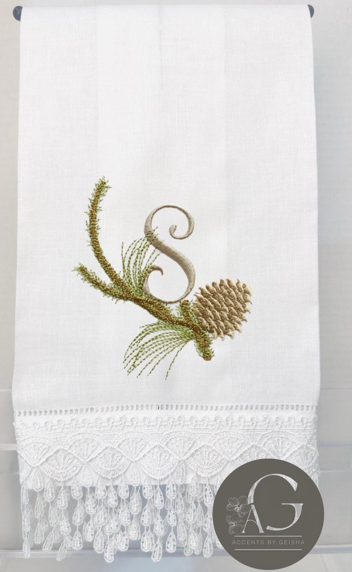 Christmas pinecone branch embroidered linen hand towel Personalized holiday bathroom decor guest towels festive embroidery hand towels