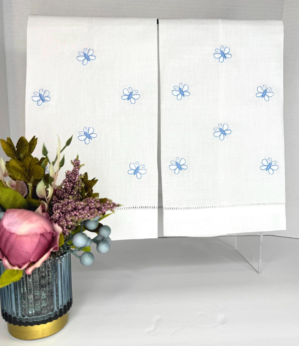 Embroidered Butterflies linen hand towel Embroidered blue butterflies tea towel Bathroom decor