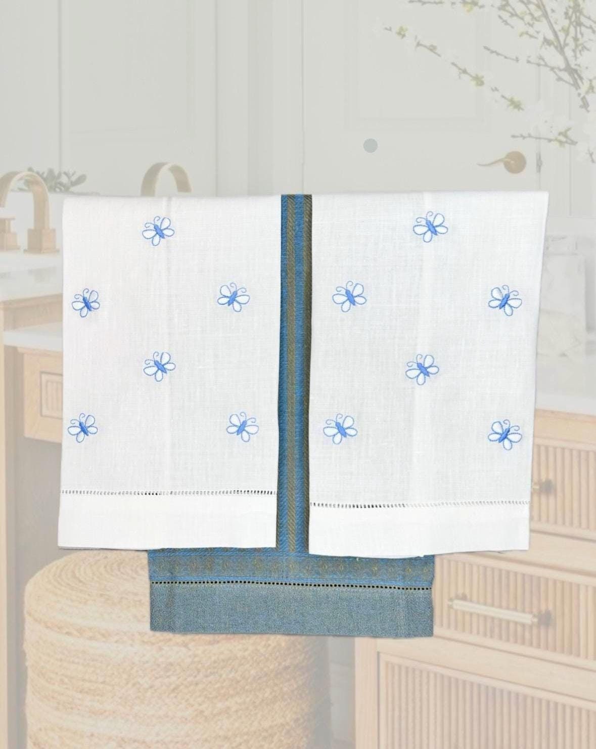Embroidered Butterflies linen hand towel Embroidered blue butterflies tea towel Bathroom decor