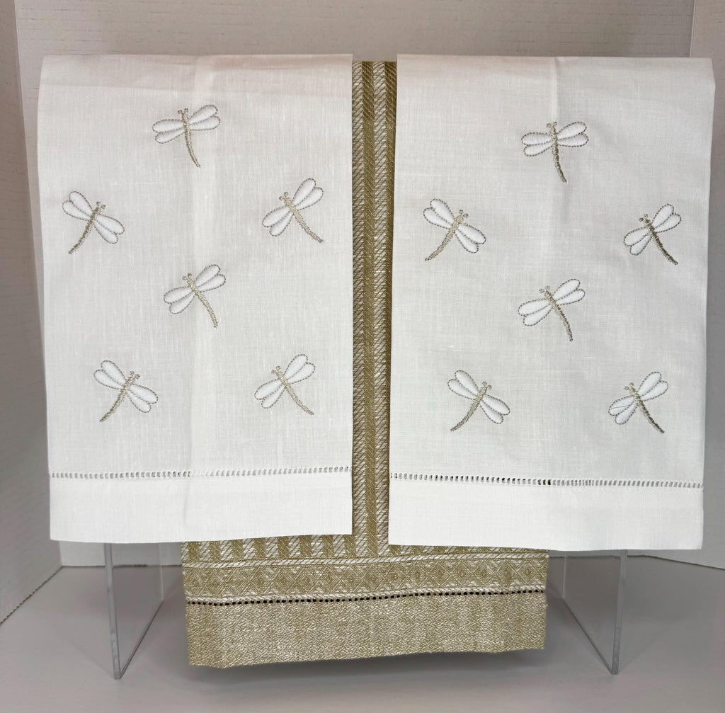 Embroidered Dragonflies linen hand towel Embroidered Dragonflies tea towel Bathroom decor
