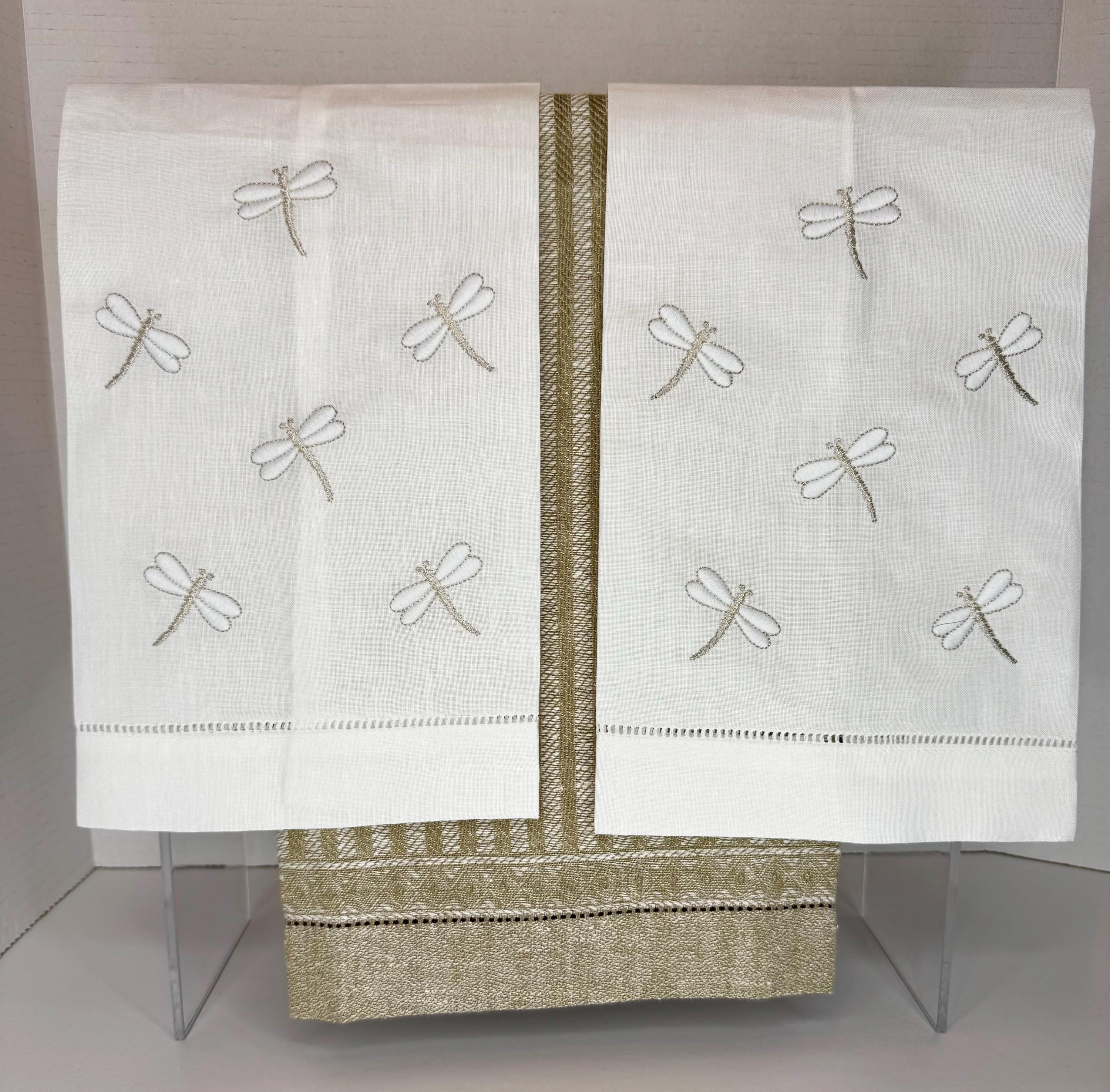Embroidered Dragonflies linen hand towel Embroidered Dragonflies tea towel Bathroom decor