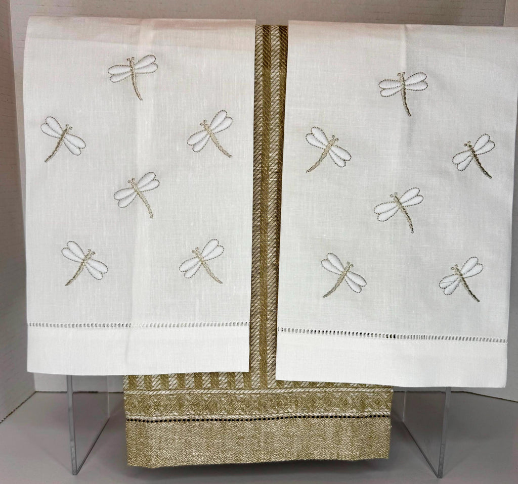 Embroidered Dragonflies linen hand towel Embroidered Dragonflies tea towel Bathroom decor