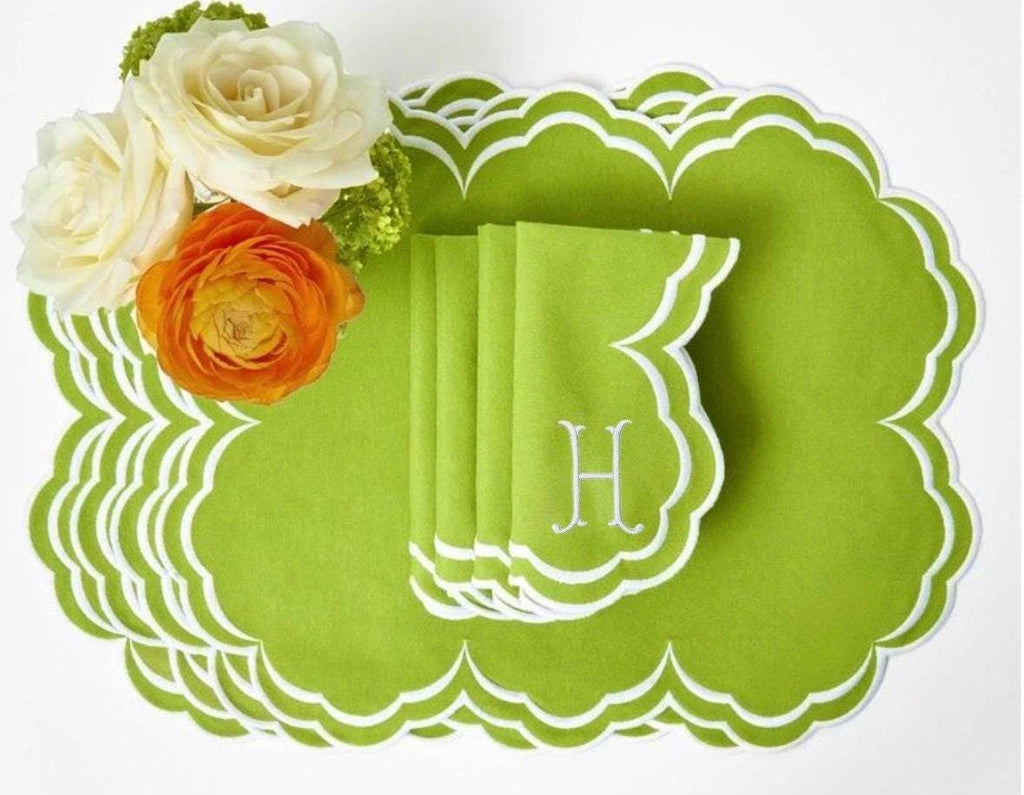 Placemats Linen Embroidered apple green scalloped rectangular placemats & Linen Napkins Set table top decor place setting