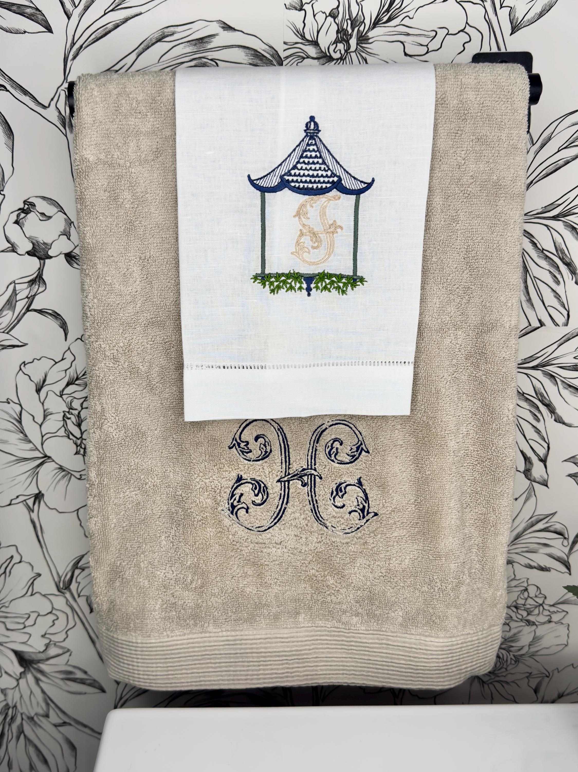 Monogrammed Pagoda Temple Towel Embroidered Chinoiserie Pagoda linen Hand Kitchen towel Personalized decor guest towels Asian embroidery