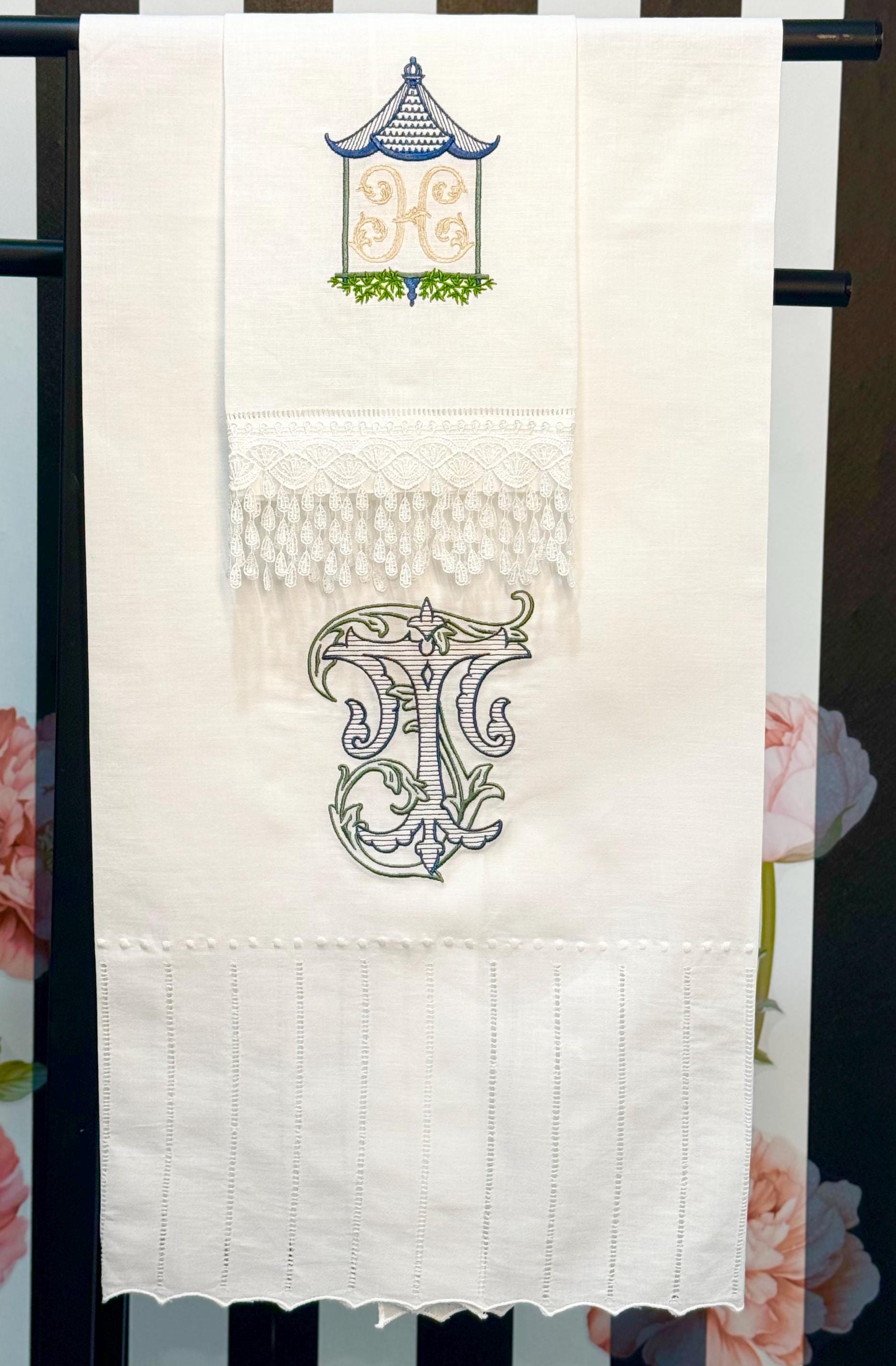 Monogrammed Pagoda Temple Towel Embroidered Chinoiserie Pagoda linen Hand Kitchen towel Personalized decor guest towels Asian embroidery