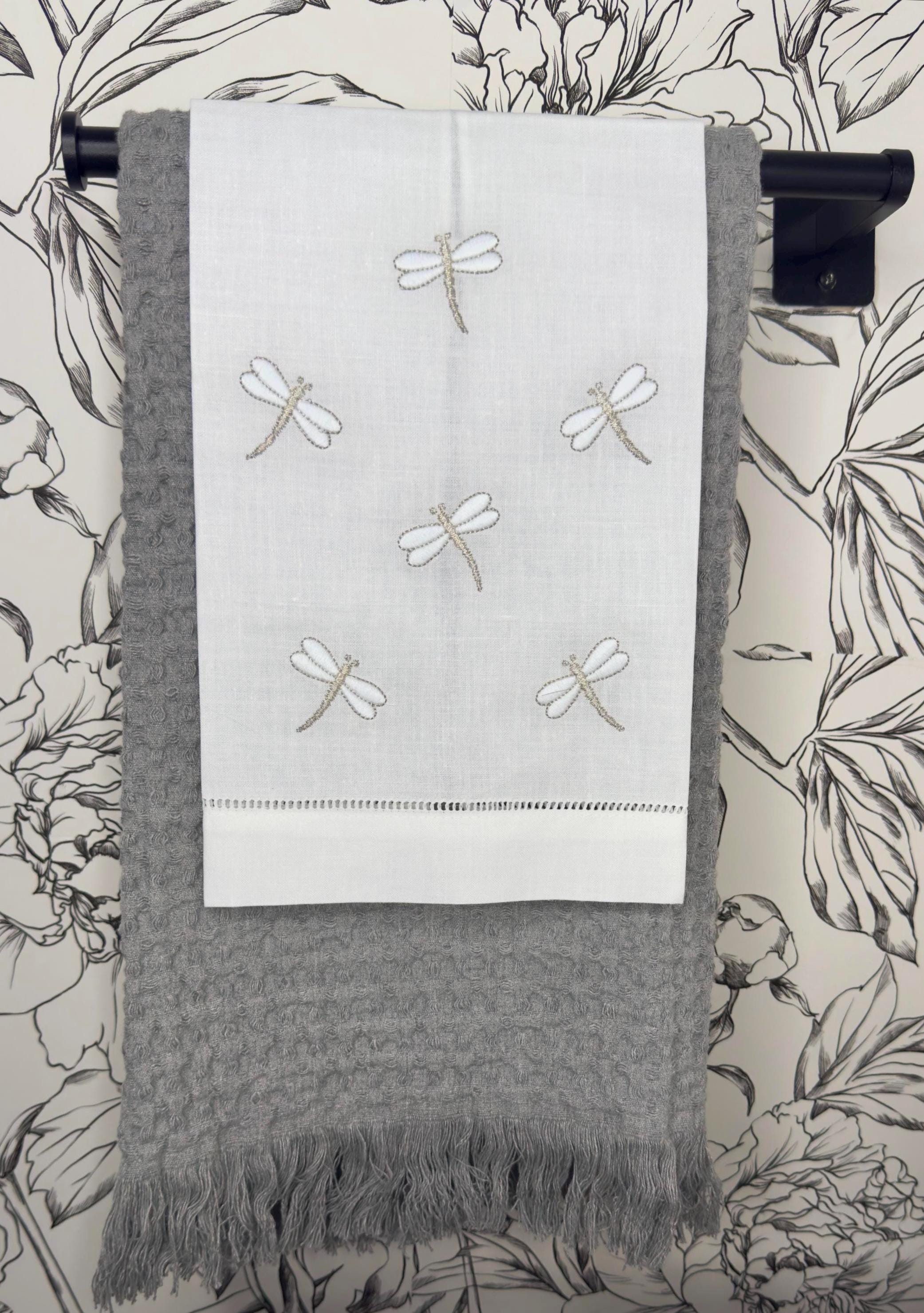 Embroidered Dragonflies linen hand towel Embroidered Dragonflies tea towel Bathroom decor