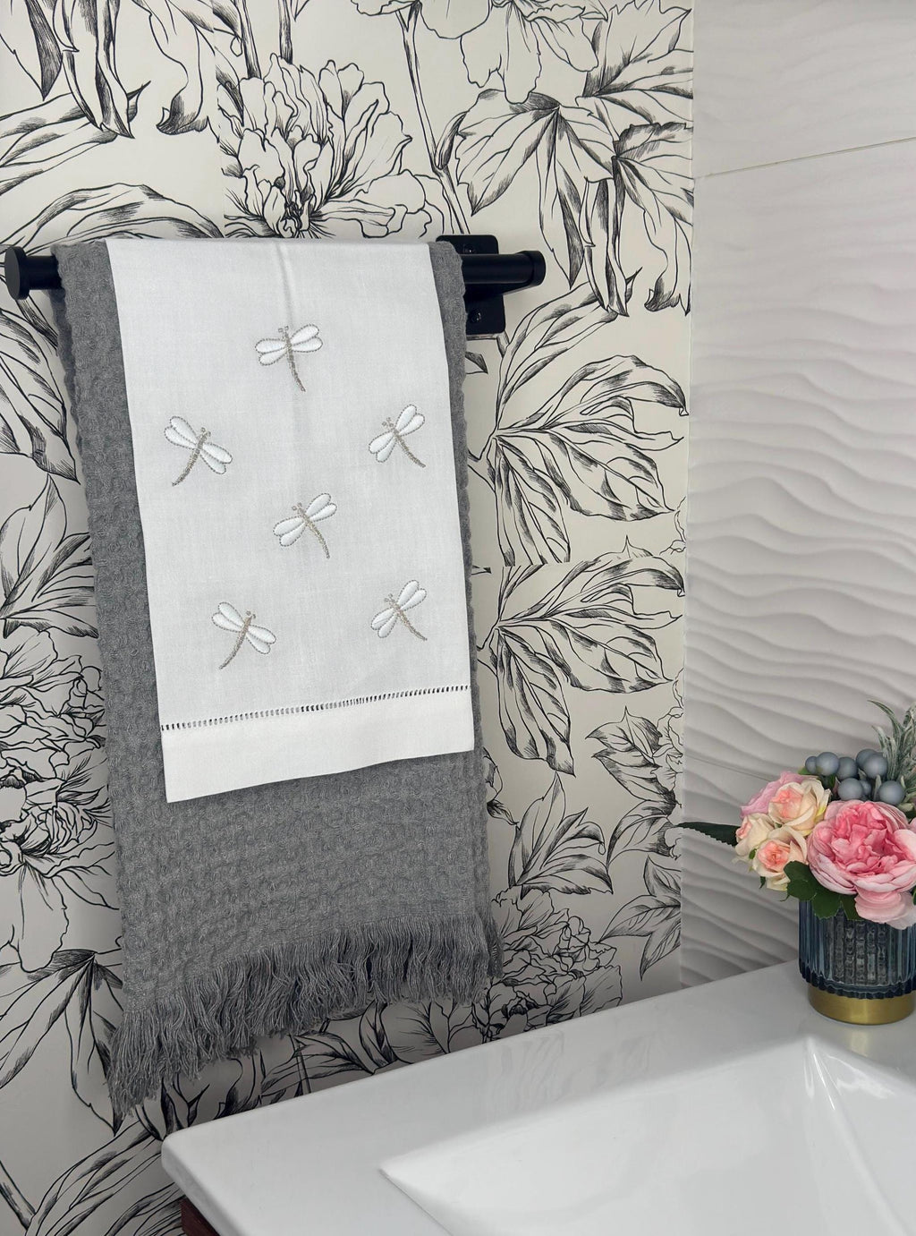 Embroidered Dragonflies linen hand towel Embroidered Dragonflies tea towel Bathroom decor