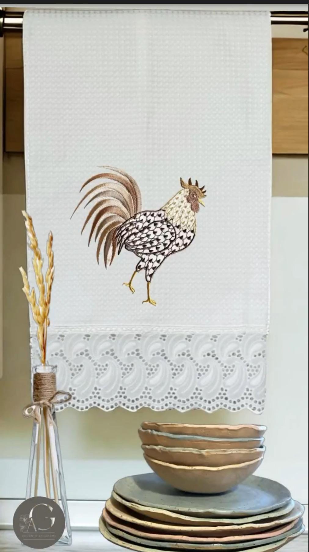 Embroidered Rooster Kitchen dish Towel farmhouse chicken Bar cart towel Serviettes de vaisselle Gallo embroidered Cock towel Gallus cockerel
