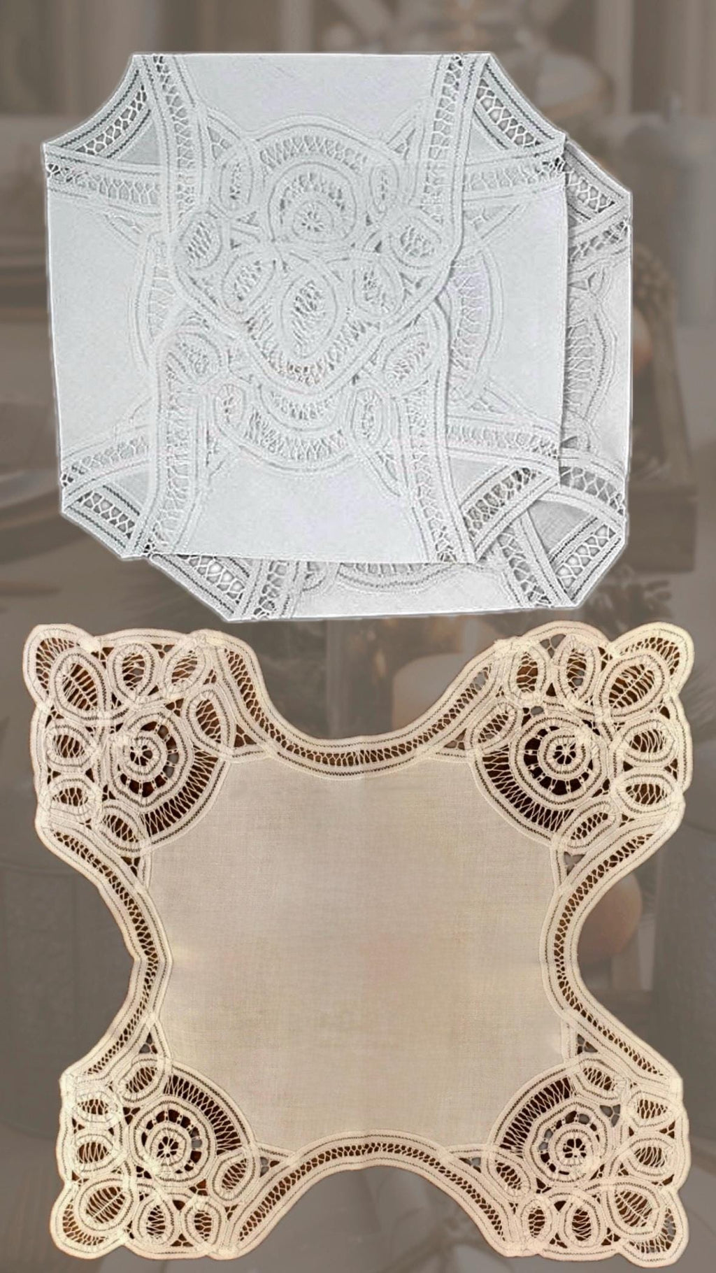 Linen Bread Basket Cover Battenburg Brussels Lace Bun Warmer