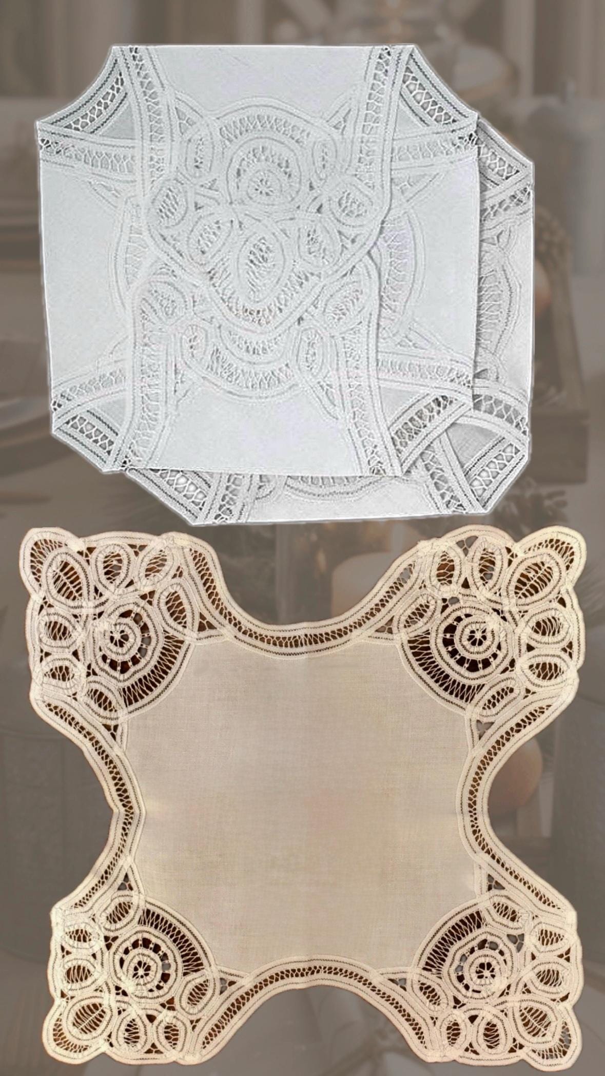 Linen Bread Basket Cover Battenburg Brussels Lace Bun Warmer