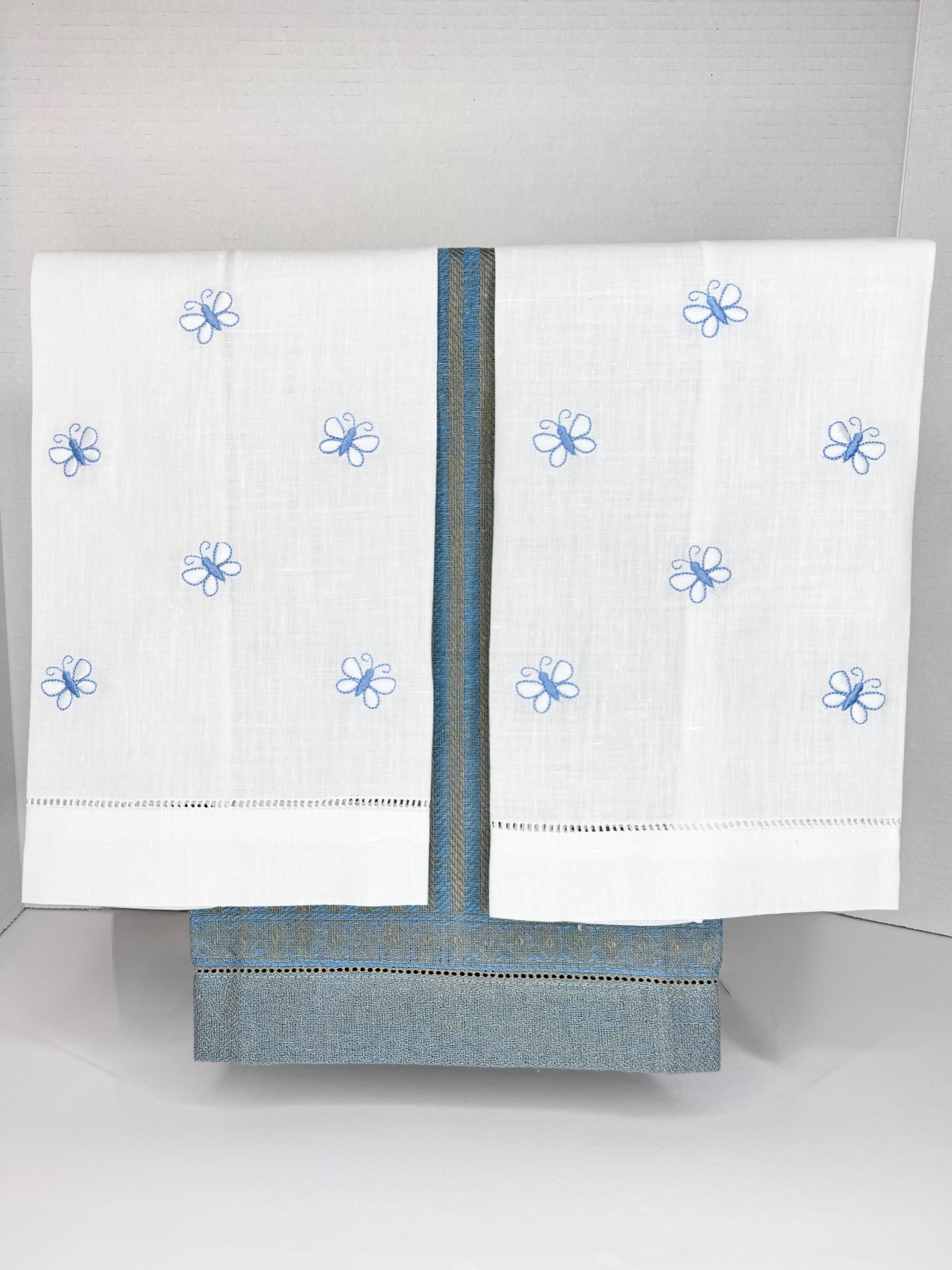 Embroidered Butterflies linen hand towel Embroidered blue butterflies tea towel Bathroom decor