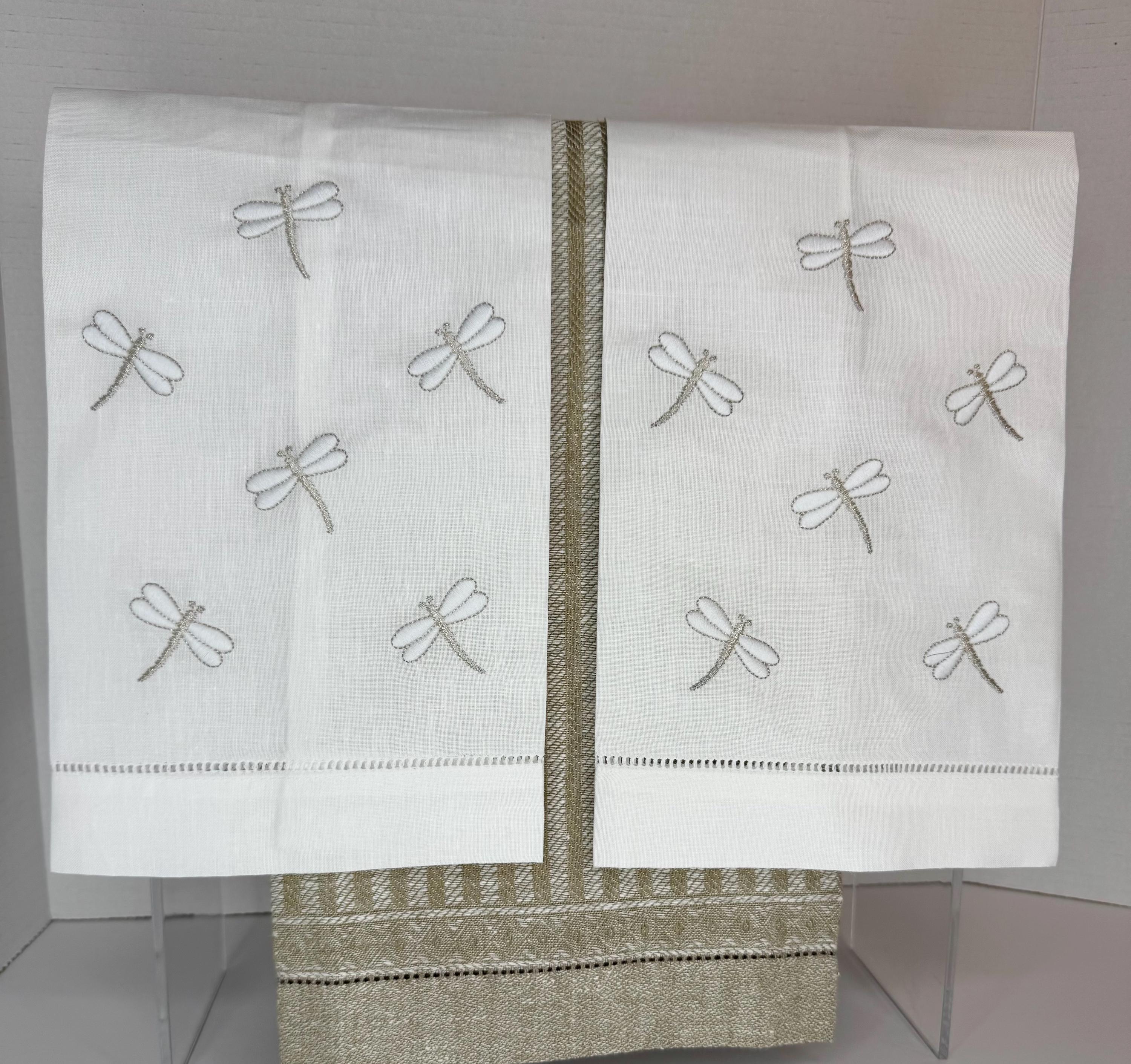 Embroidered Dragonflies linen hand towel Embroidered Dragonflies tea towel Bathroom decor